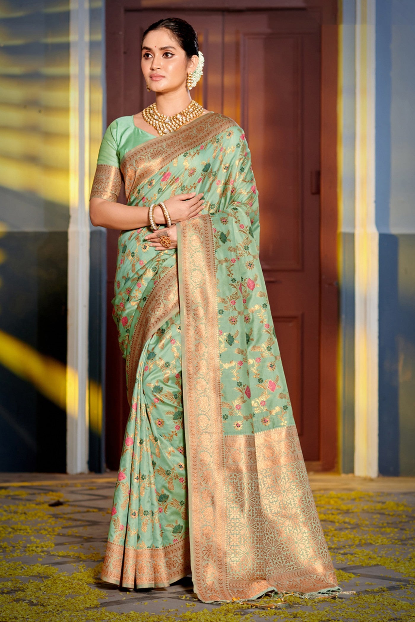 Buy MySilkLove Tree Green Yellow Zari Woven Banarasi Saree Online