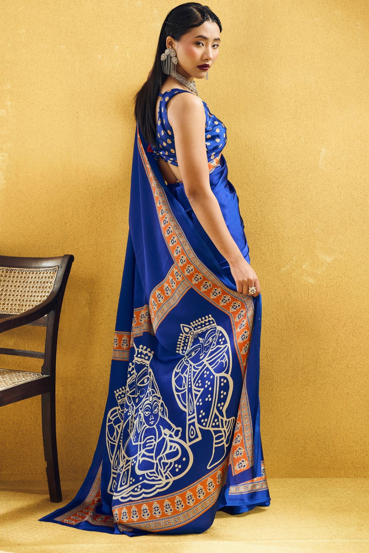 Buy MySilkLove Royal Blue Modal Ajrakh Satin Printed Silk Saree Online