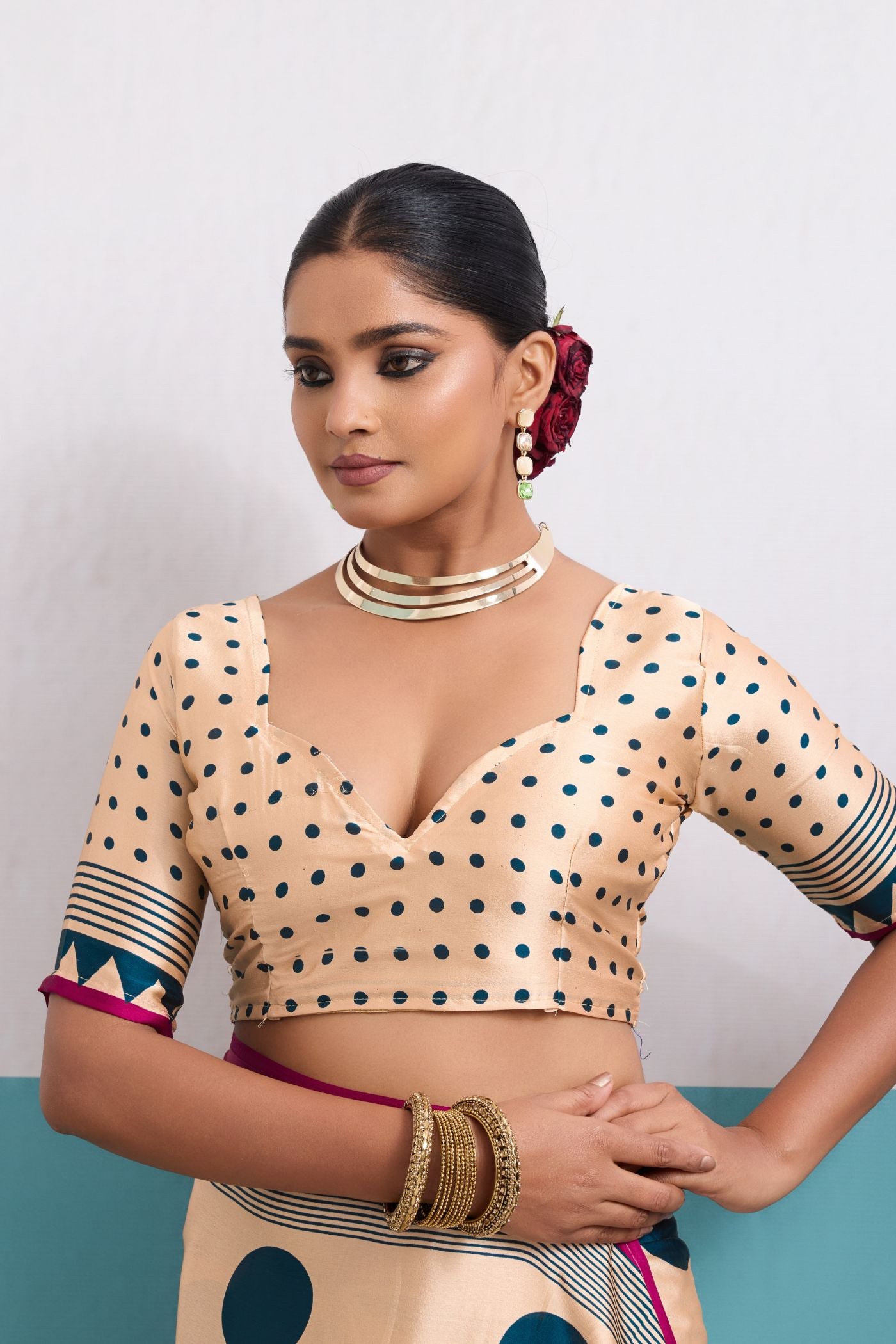 Buy MySilkLove Custard Cream and Blue Polka Dots Satin Crepe Saree Online