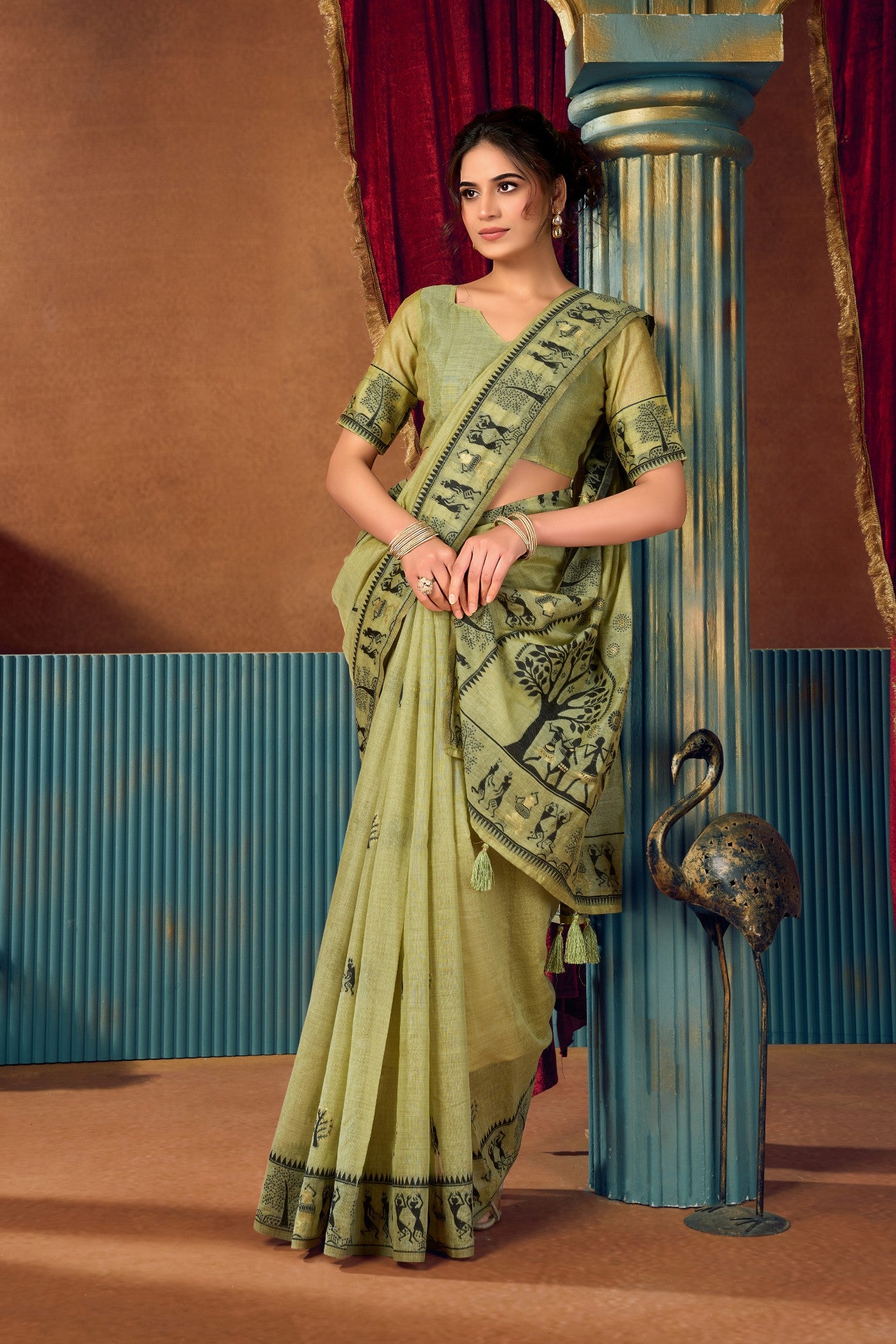 Buy MySilkLove Pista Green Woven Modal Cotton Saree Online
