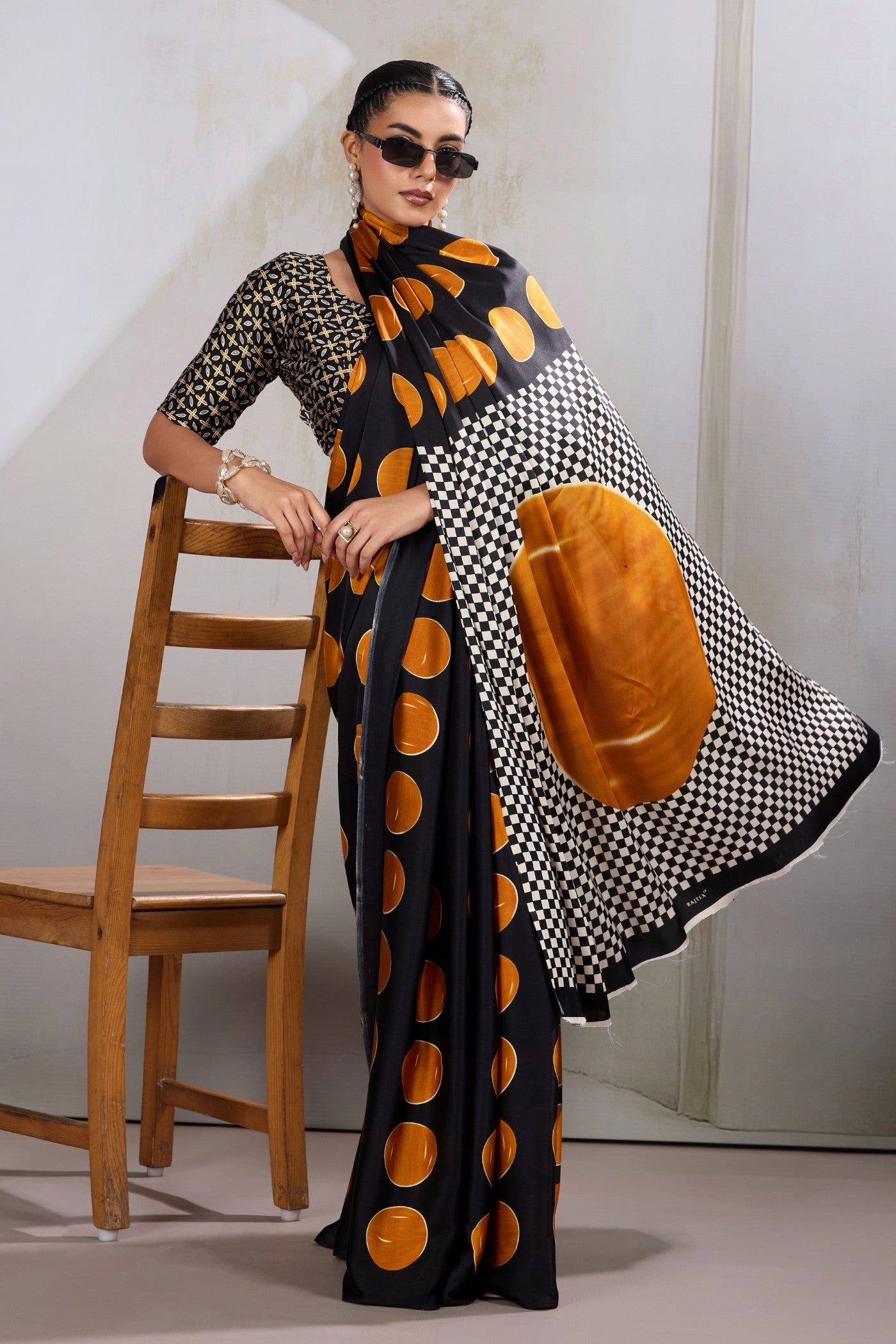 Buy MySilkLove Apricot Orange and Black Printed Polka Dots Satin Crepe Saree Online