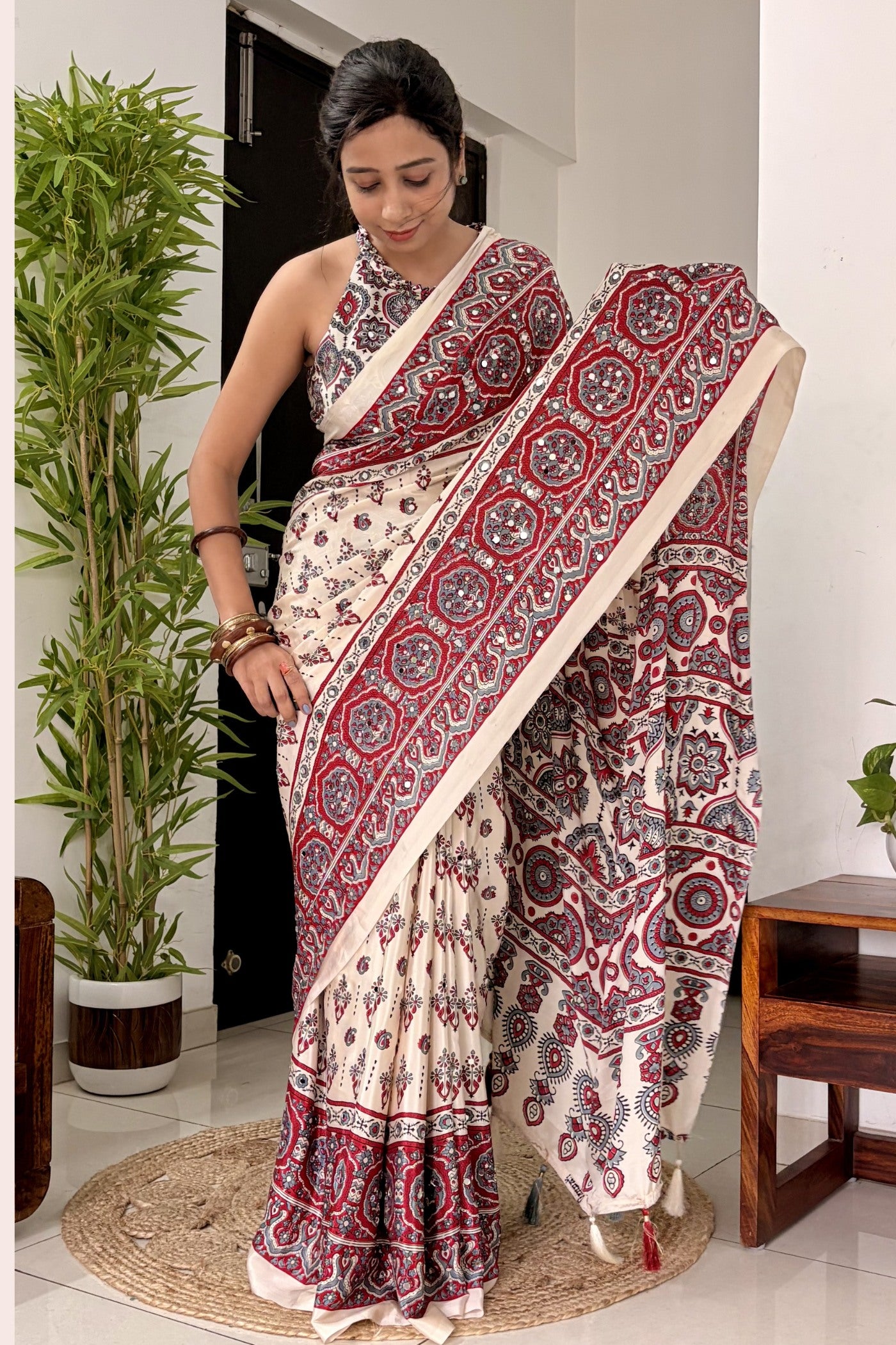 Buy MySilkLove Neutral Beige Modal Ajrakh Satin Printed Mirror Work Saree Online