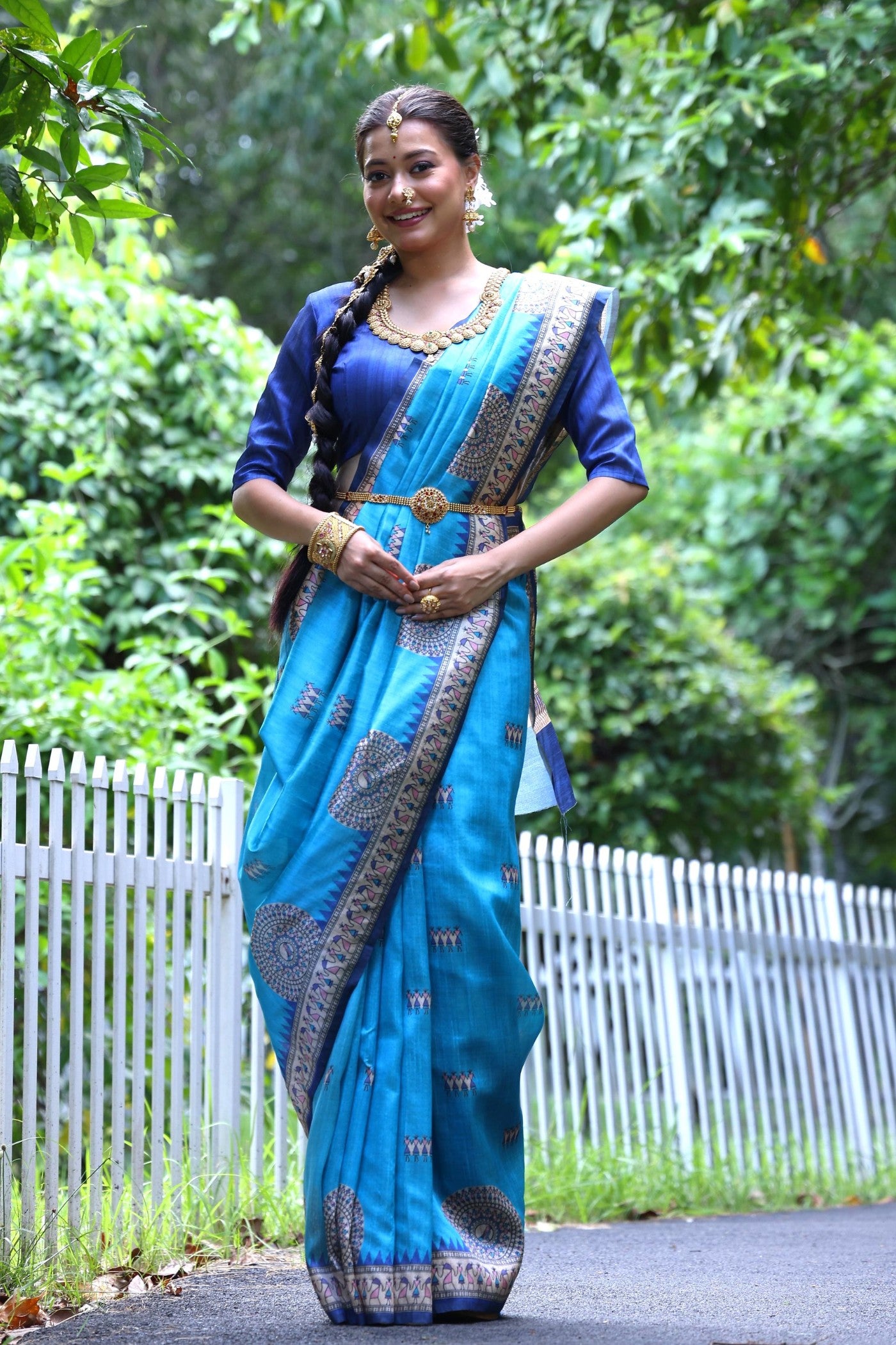 Buy MySilkLove Celtic Blue Madhubani Tussar Printed Silk Saree Online