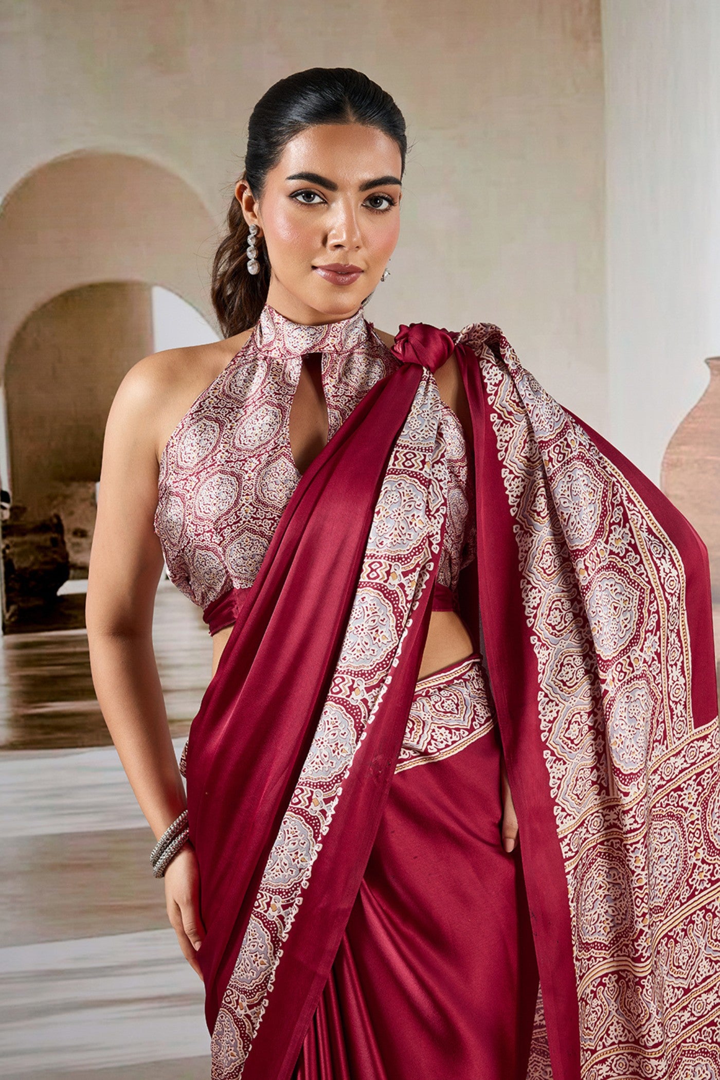 MySilkLove Deep Cherry Maroon Ajrakh Printed Satin Crepe Silk Saree