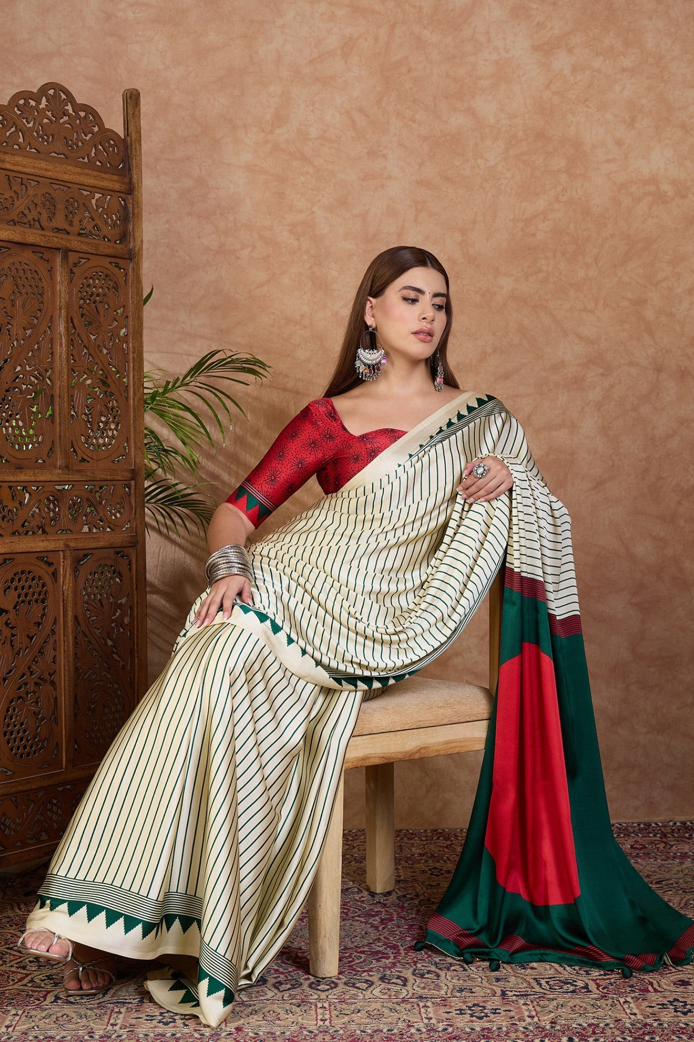 Buy MySilkLove Powder White and Green Stripe Ajrakh Printed Satin Crepe Silk Saree Online