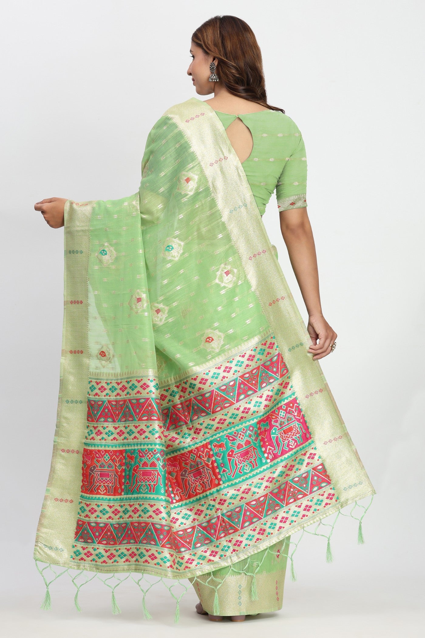 Buy MySilkLove Tree Green Woven Linen Cotton Saree Online
