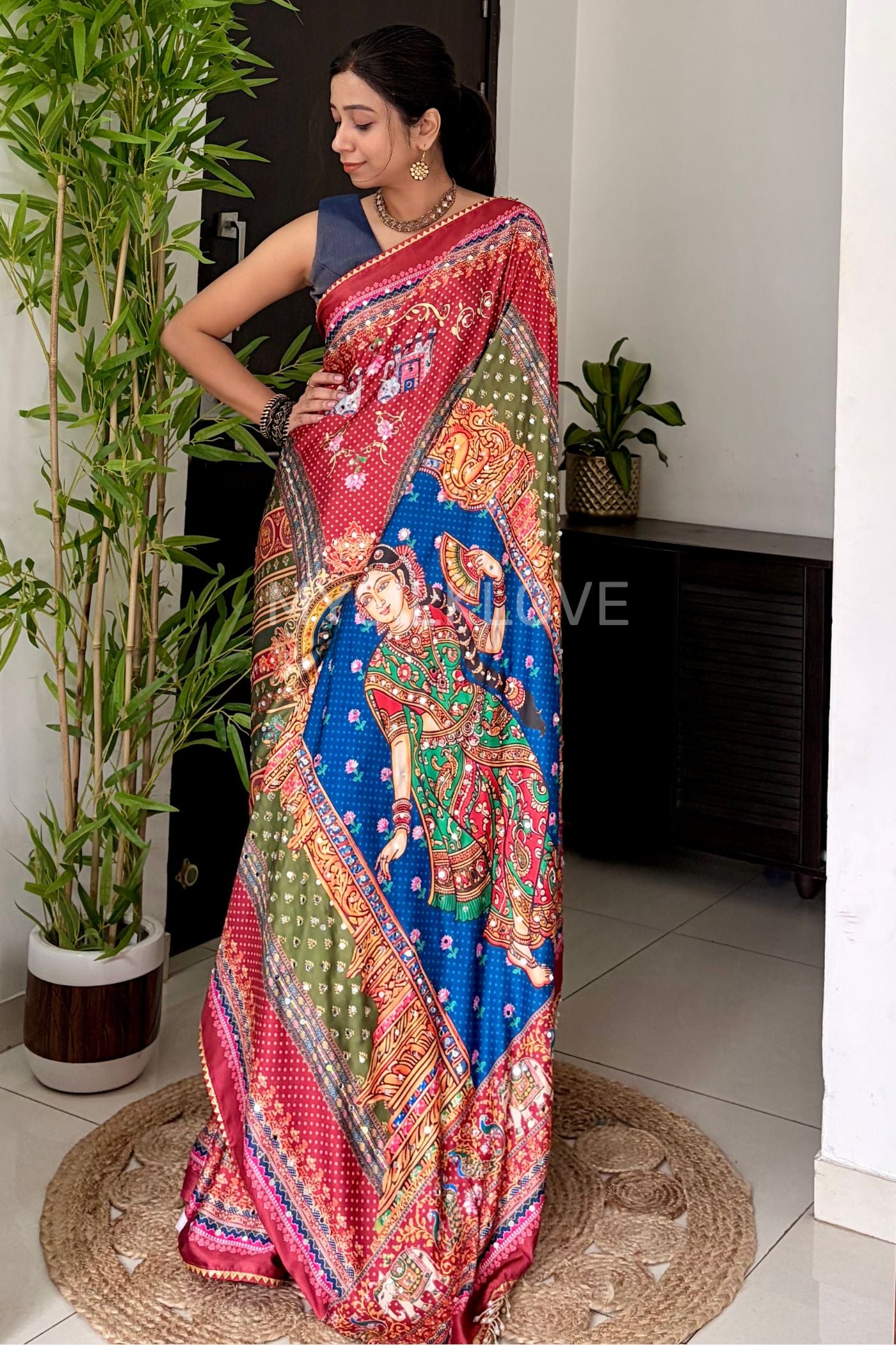 Buy MySilkLove Raspberry Pink Japan Satin Printed Kalmakari Mirror Work Sraee Online