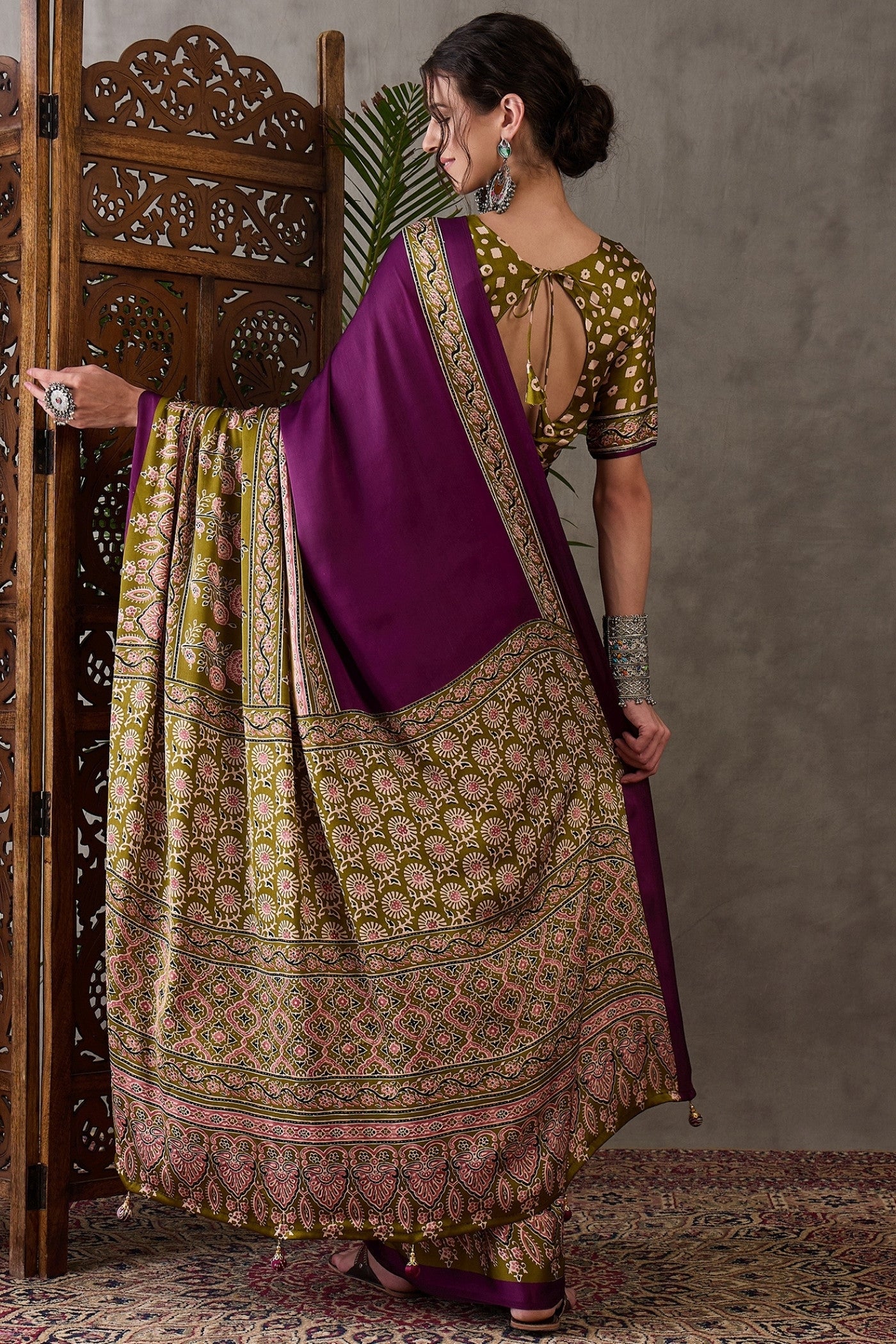 Buy MySilkLove Berry Purple Printed Satin Gaji Silk Saree Online