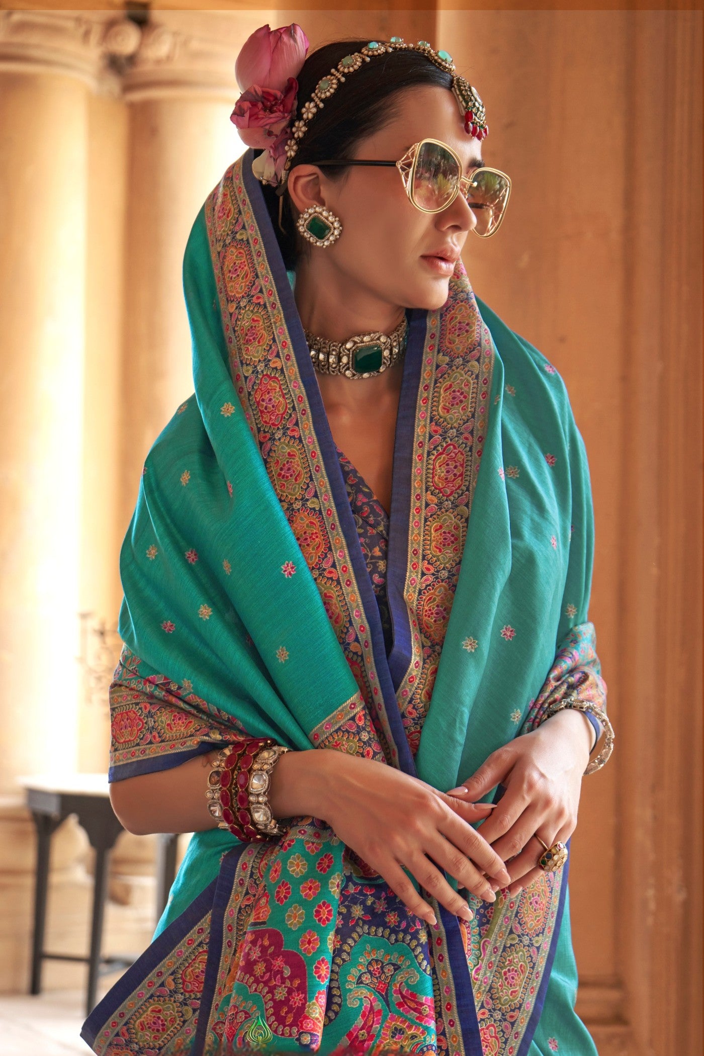 Buy MySilkLove Turquoise Green Printed Banarasi Saree Online