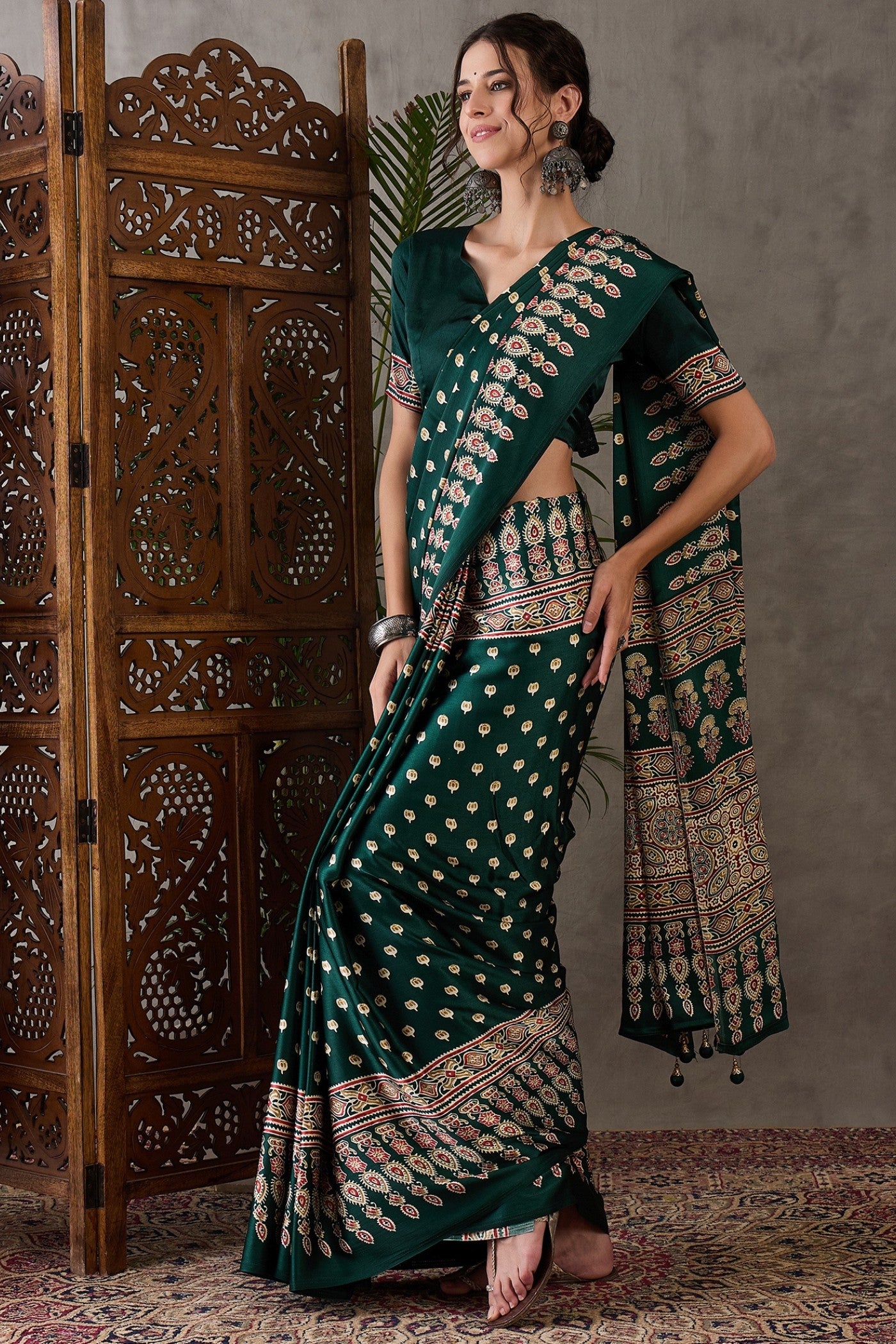 Buy MySilkLove Hunter Green Printed Satin Gaji Silk Saree Online