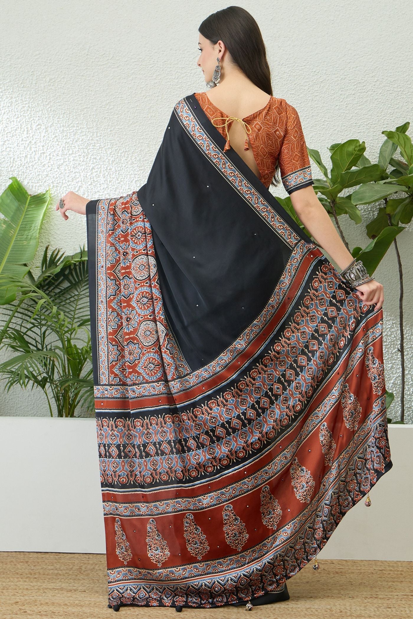Buy MySilkLove Noir Black and Orange Modal Ajrakh Satin Printed Silk Saree Online