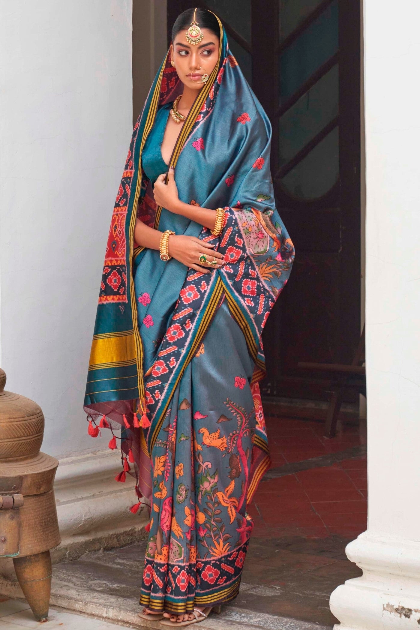 Buy MySilkLove Stratton Blue Printed Patola Saree Online