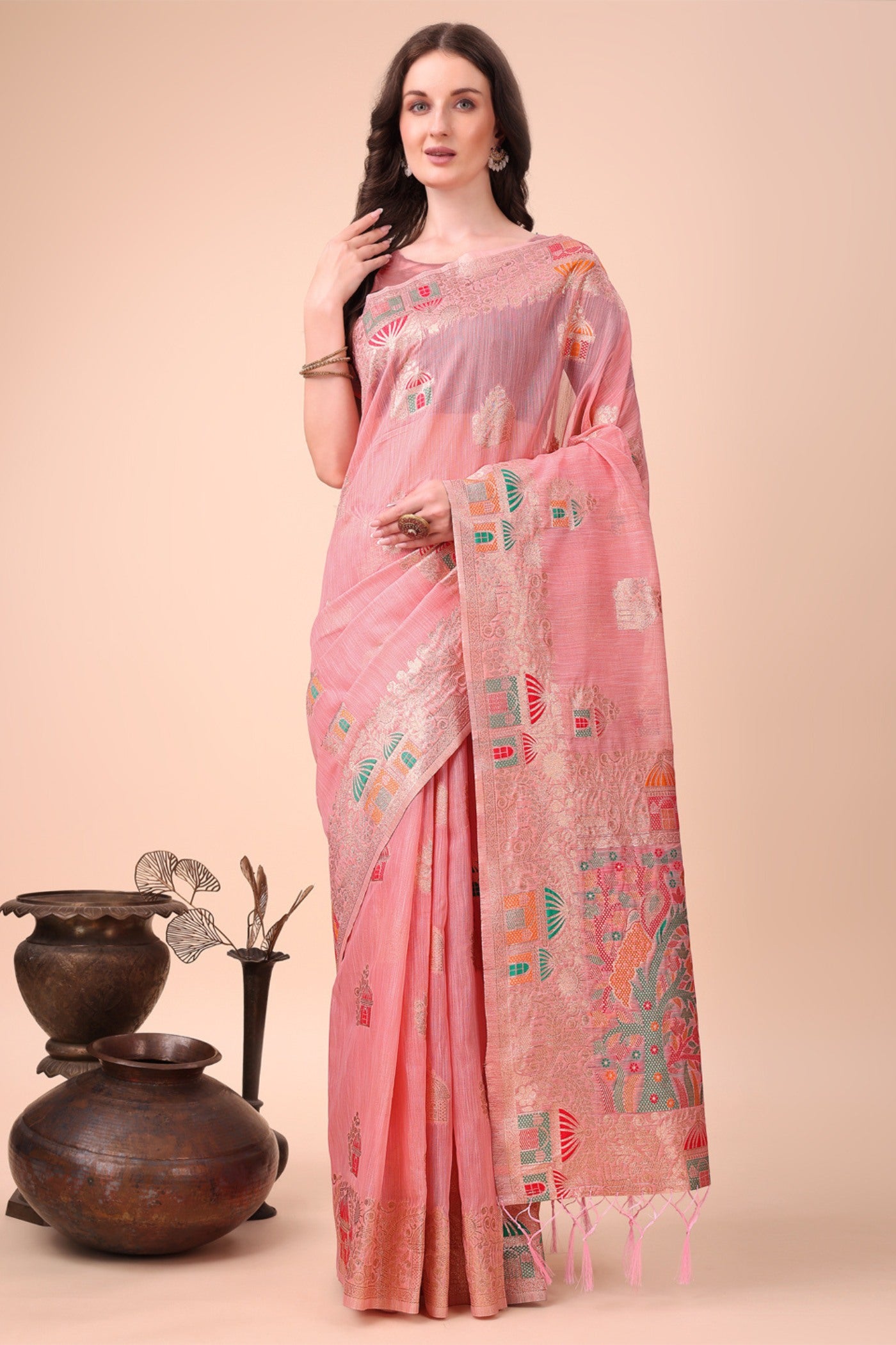 Buy MySilkLove Melon Pink Linen Cotton Saree Online
