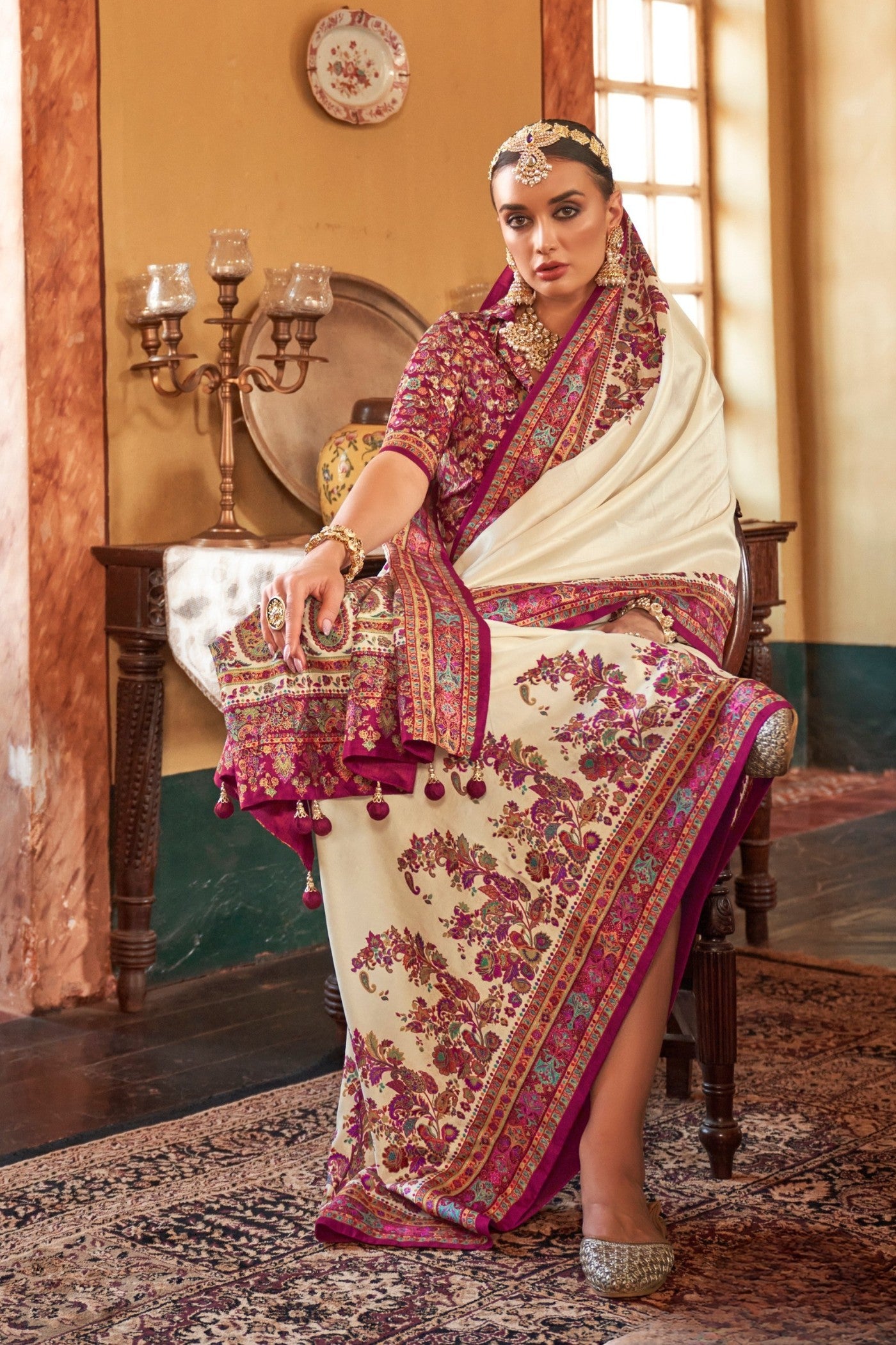 Buy MySilkLove Cashmere Cream Printed Banarasi Saree Online