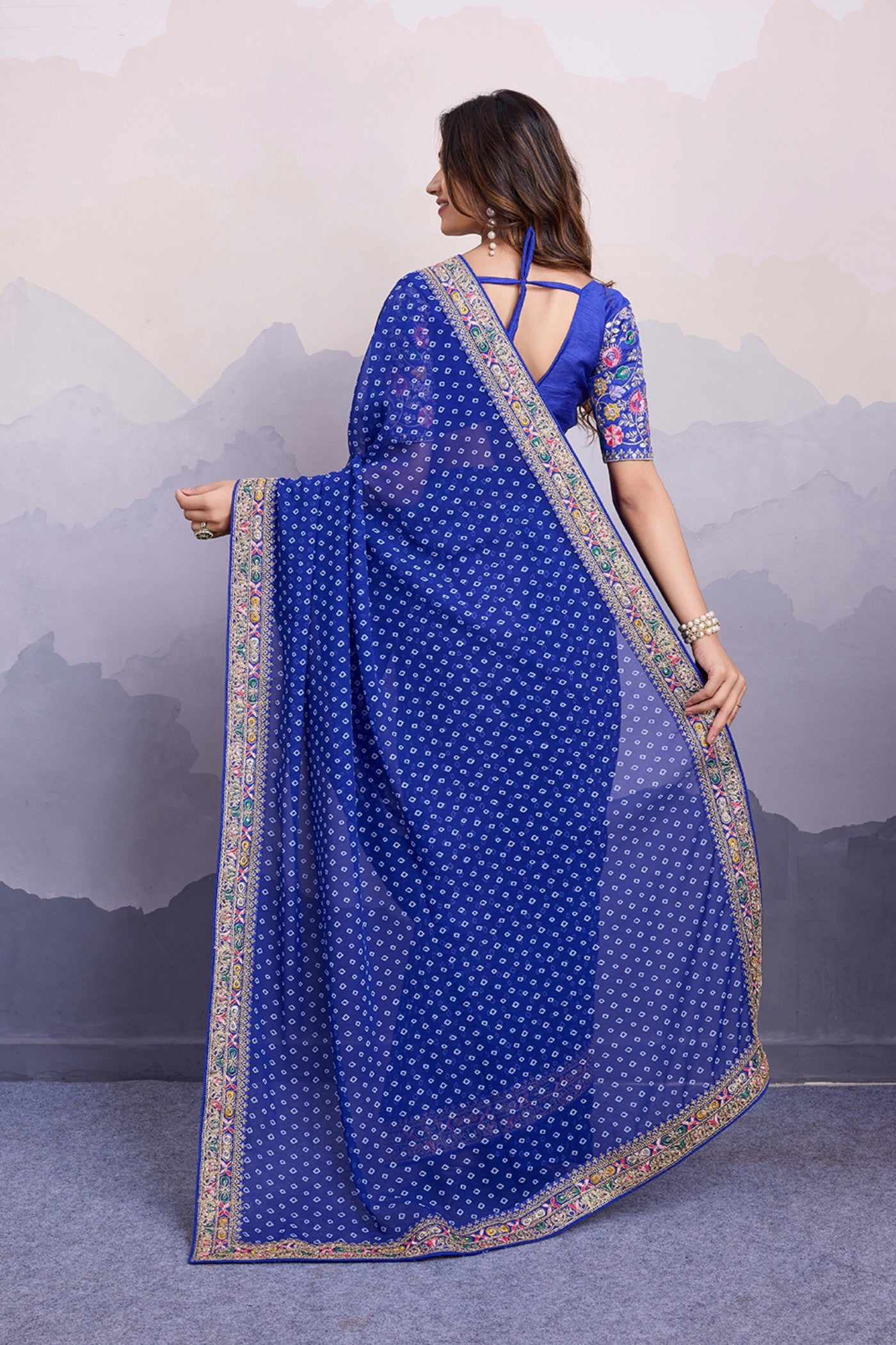 Buy MySilkLove Cobalt Blue Bandhani Georgette Printed Partywear Saree Online