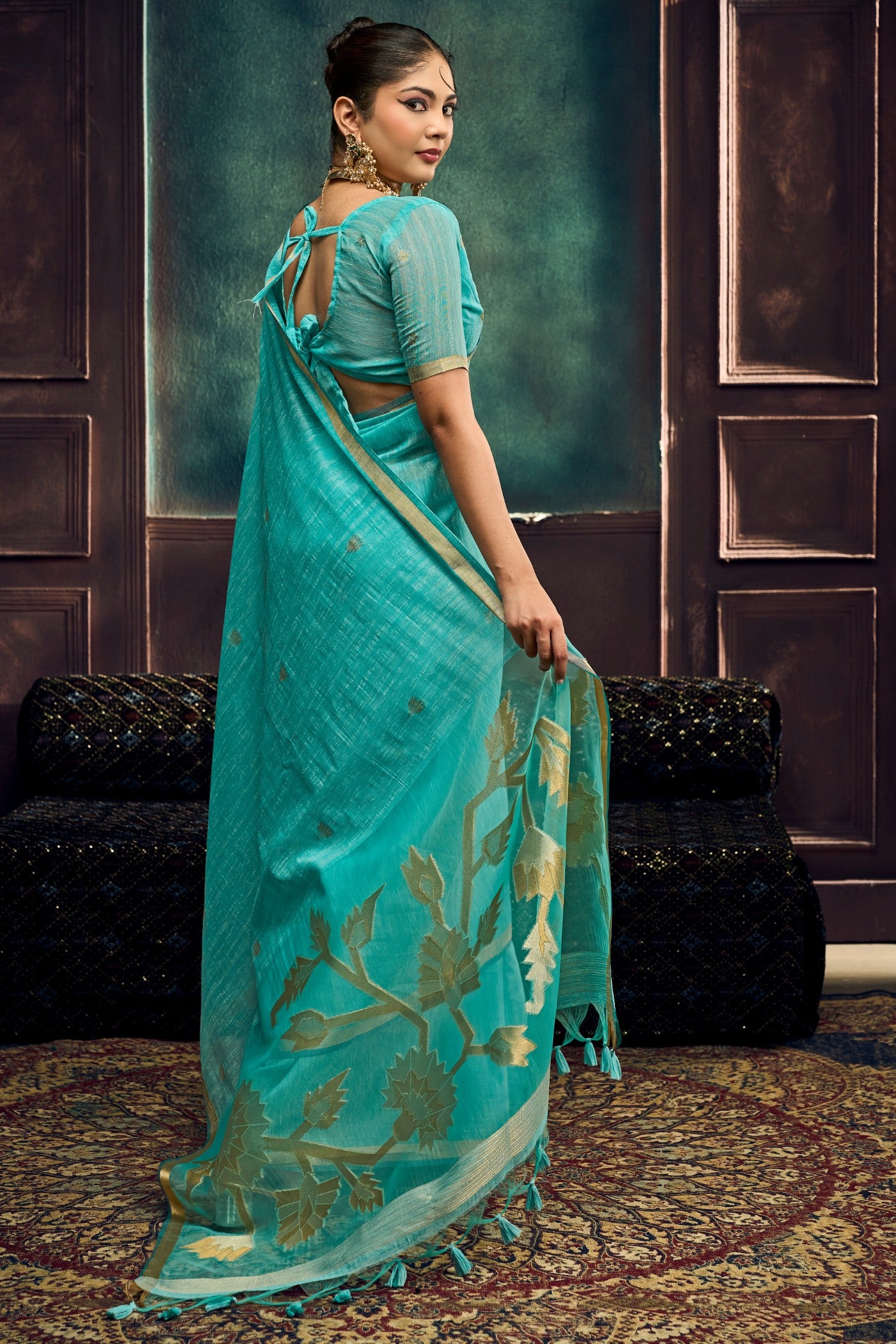 Buy MySilkLove Aqua Blue Munga Handloom Cotton Saree Online