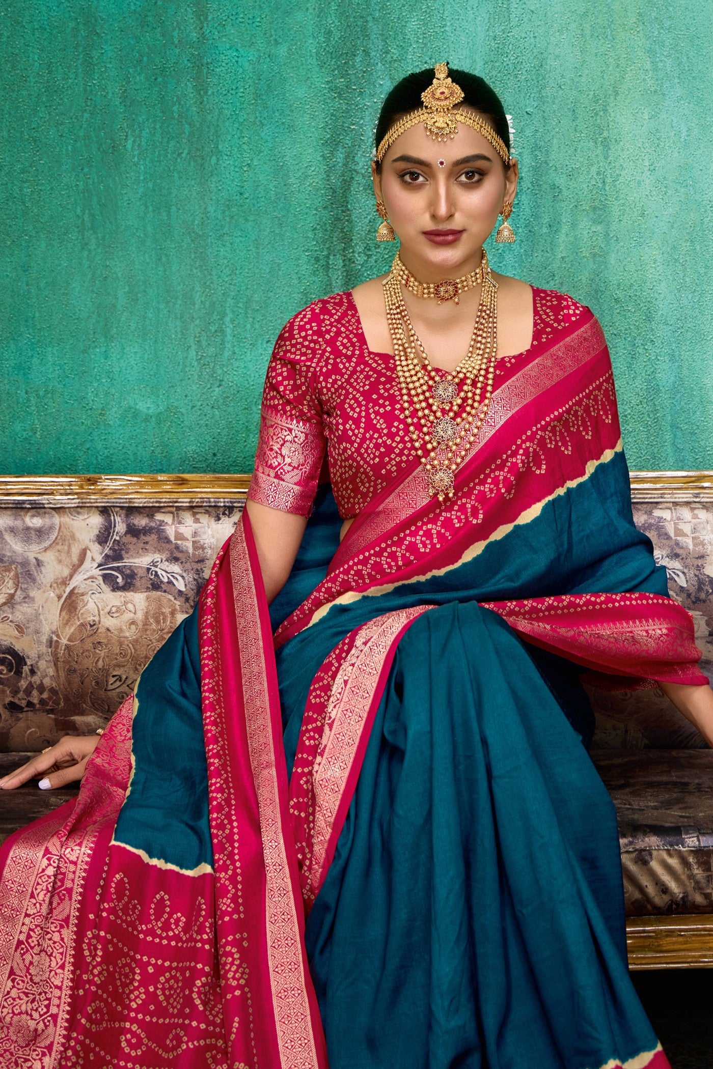 Buy MySilkLove Savoy Blue Tussar Bandhani Silk Saree Online