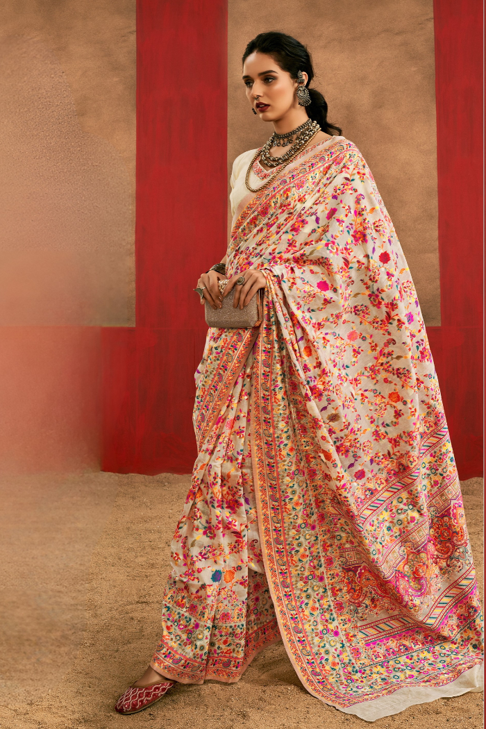 Buy MySilkLove Ivory Cream Kashmiri Handloom Jamewar Saree Online