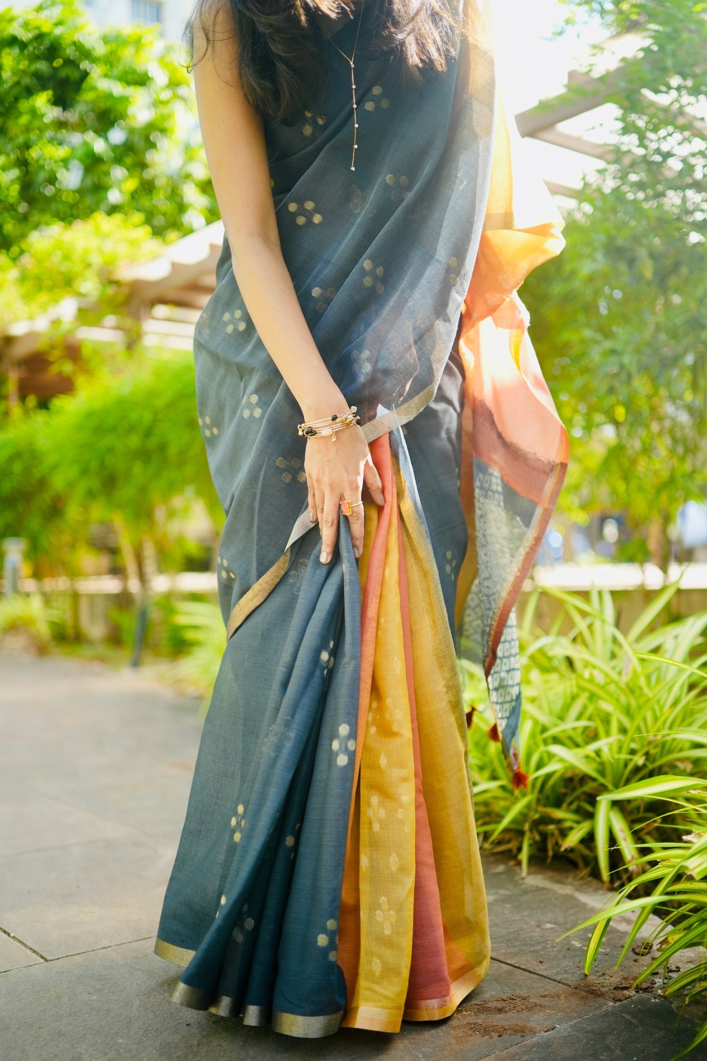 Buy MySilkLove Ink Black and Yellow Handloom Cotton Saree Online