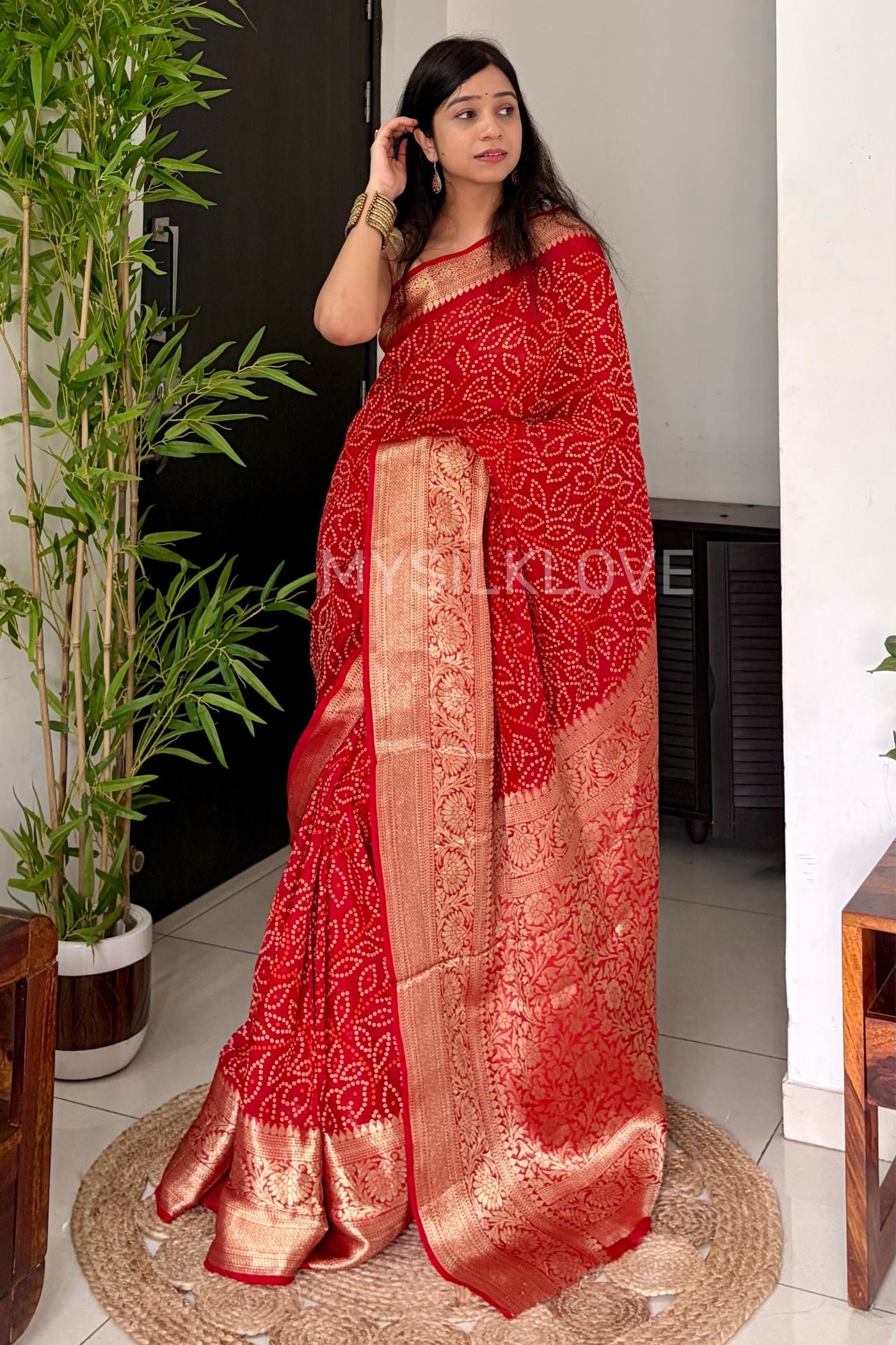 Buy MySilkLove Canary Red Bandhani Zari Woven Silk Saree Online