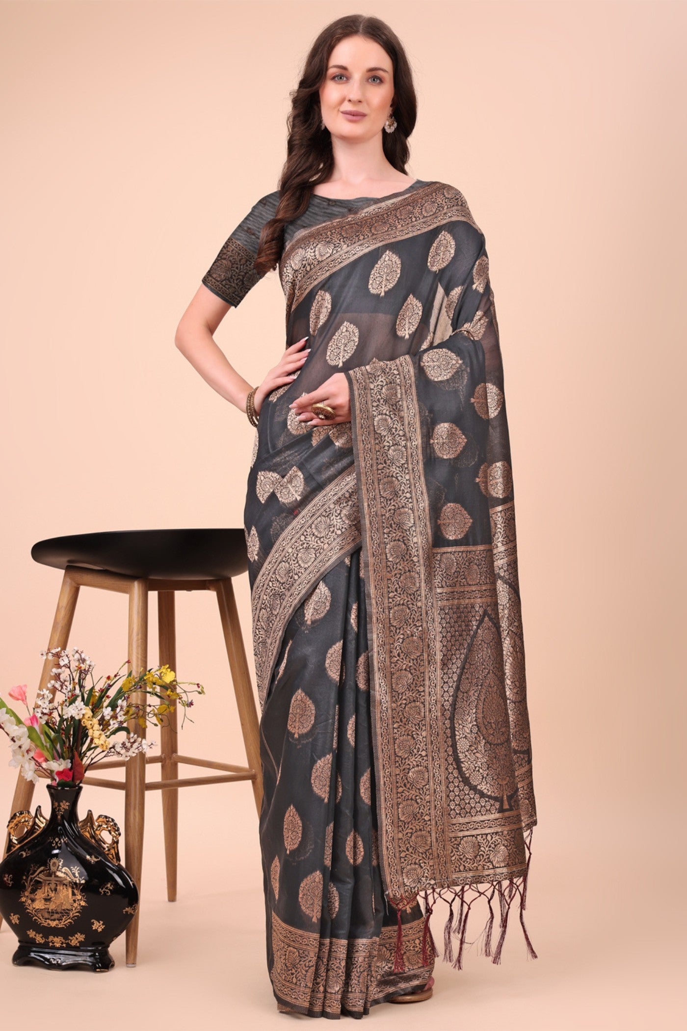 Buy MySilkLove Raven Black Woven Cotton Saree Online