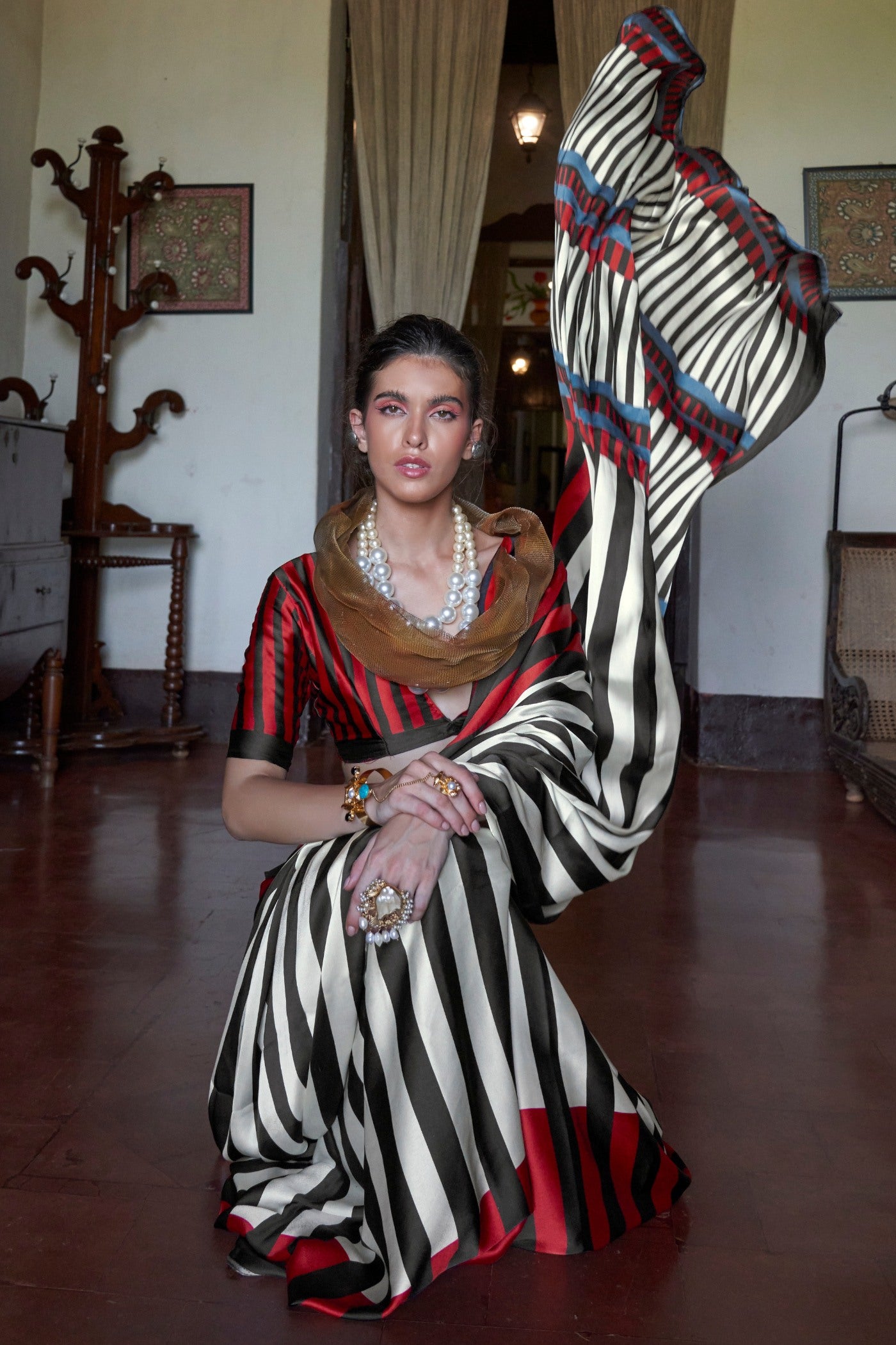 Buy MySilkLove Crow Black and White Stripes Printed Satin Crepe Silk Saree Online