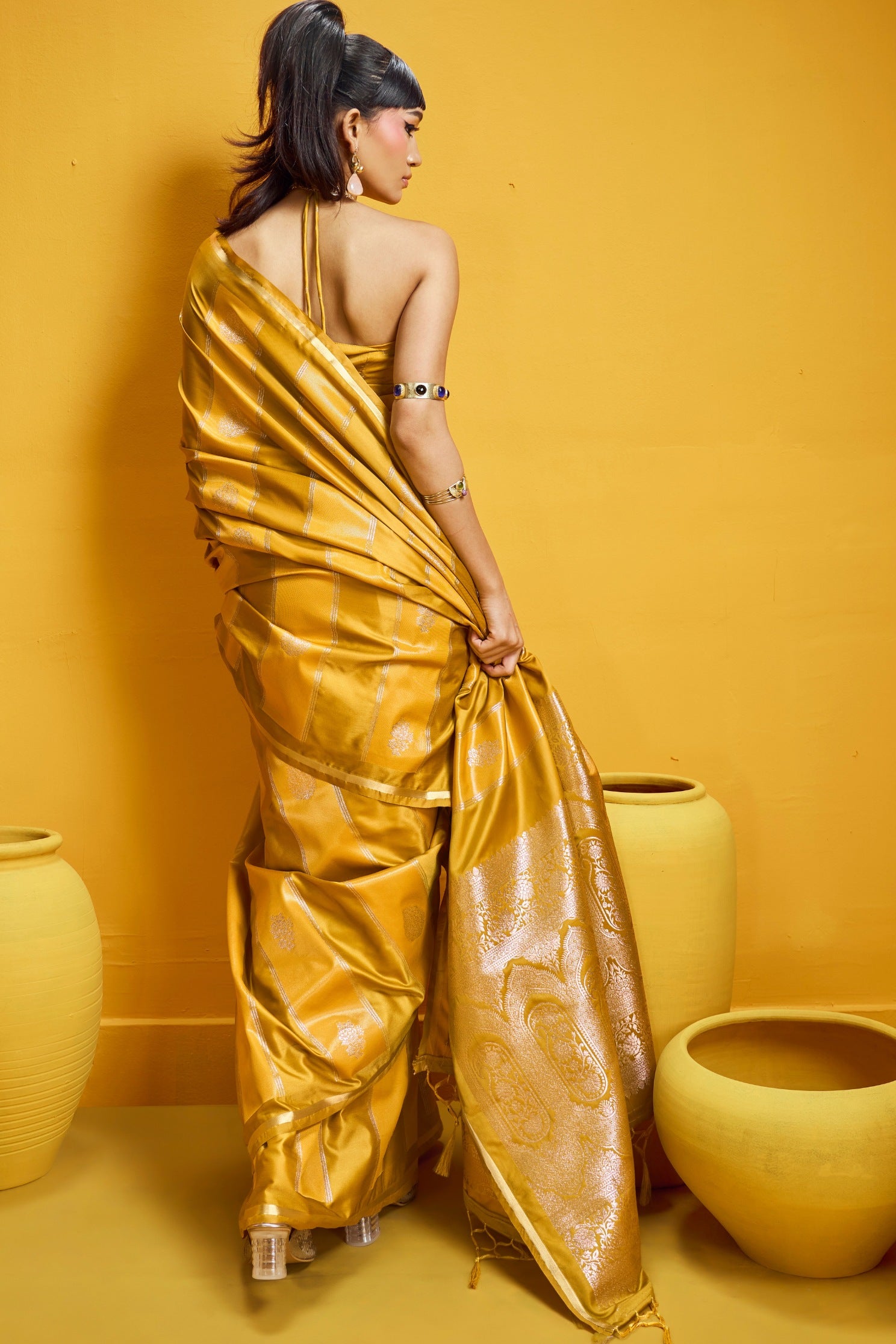 Buy MySilkLove Trombone Yellow Banarasi Handloom Satin Silk Saree Online