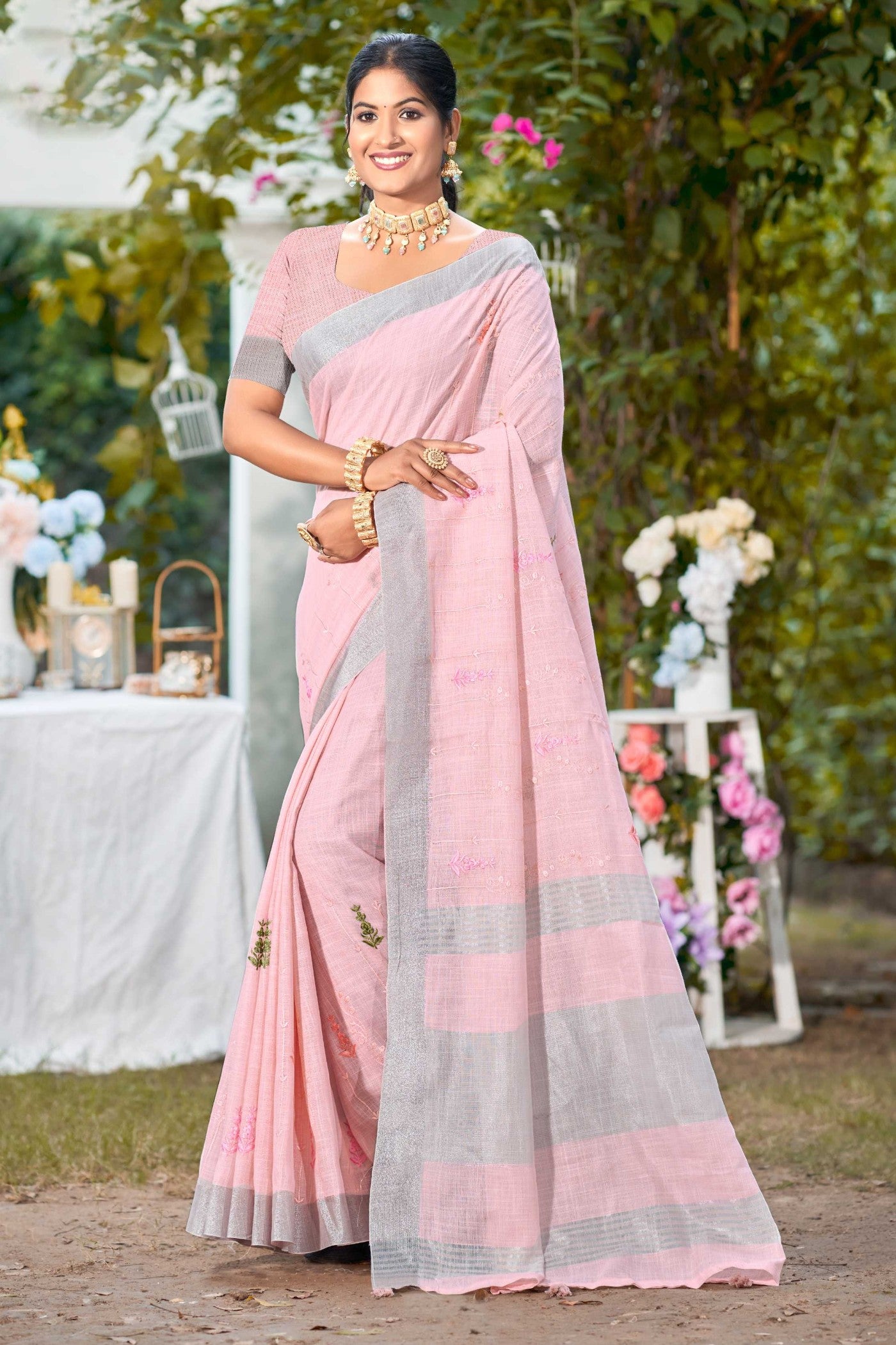Buy MySilkLove Dusty Pink Woven Cotton Linen Saree Online