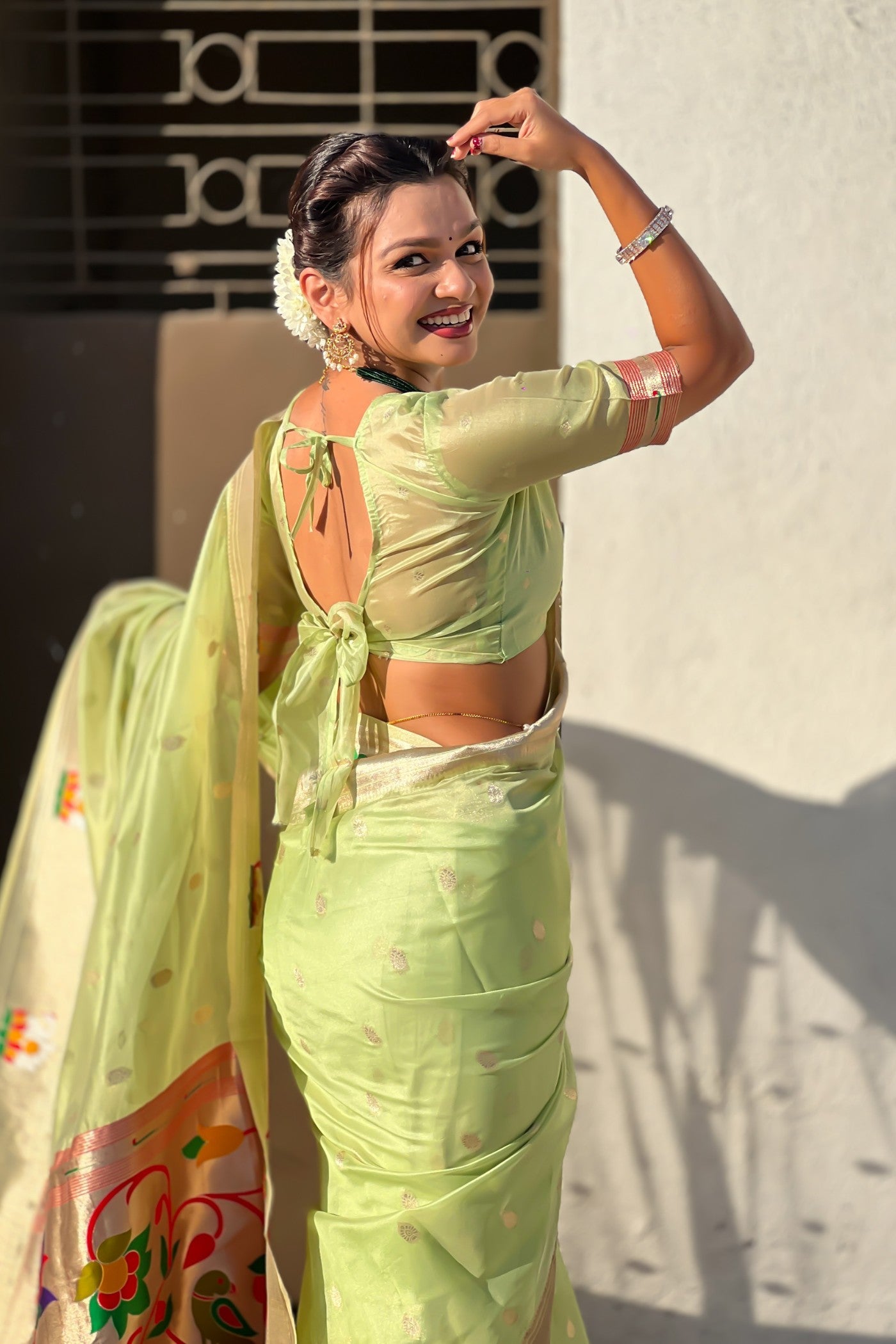 MySilkLove Parrot Green Organza Woven Paithani Saree