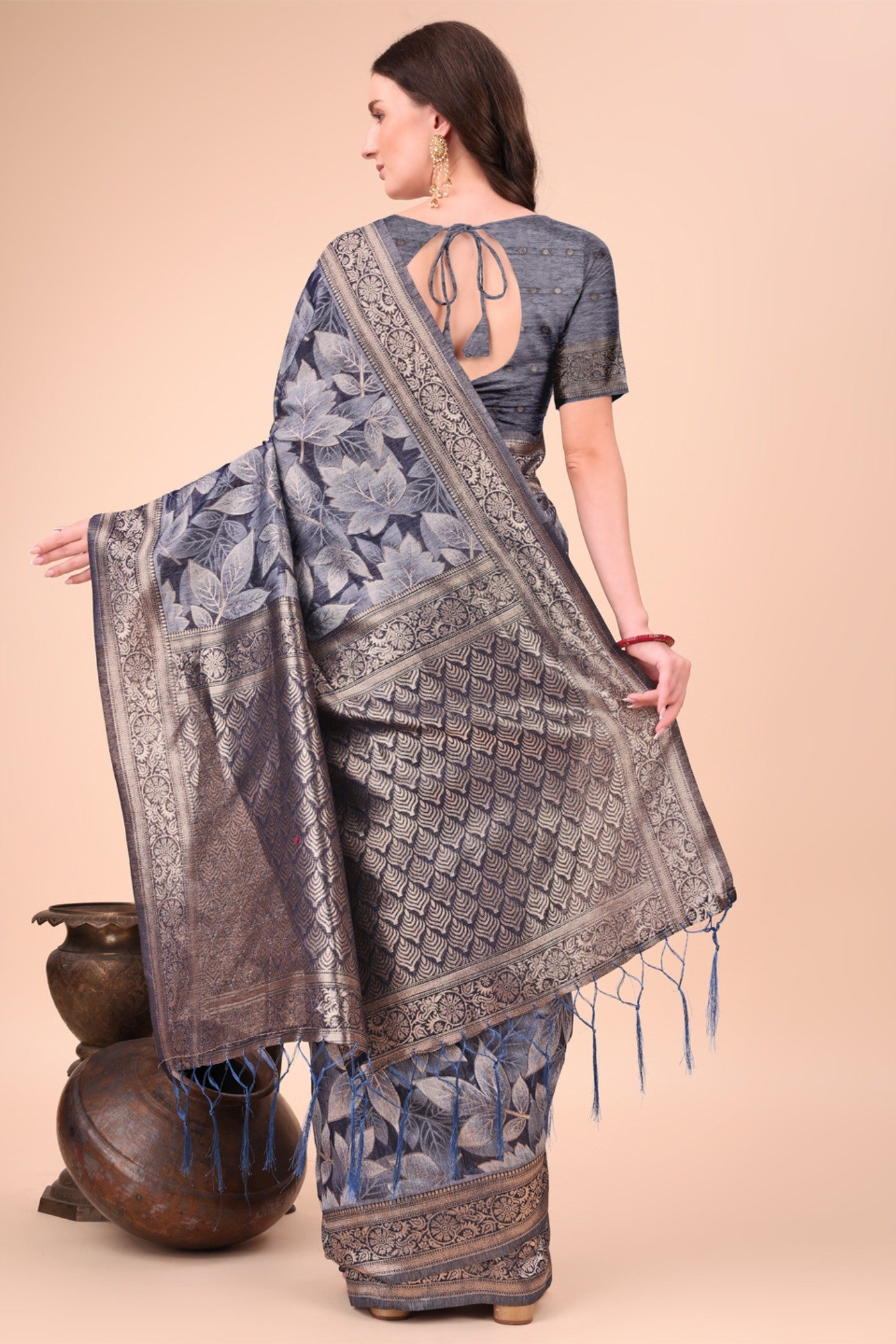 Buy MySilkLove Cement Grey Woven Cotton Saree Online