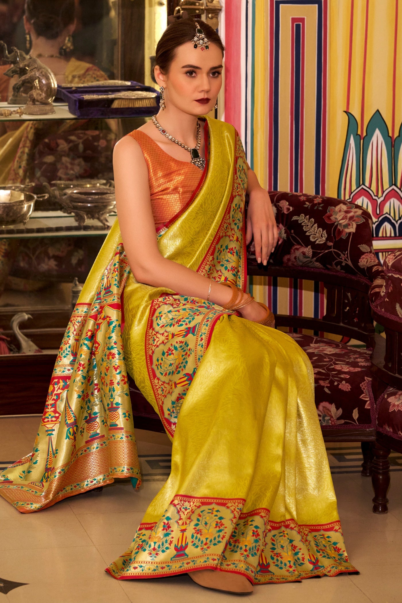 Buy MySilkLove Marigold Yellow Woven Tissue Silk Saree Online