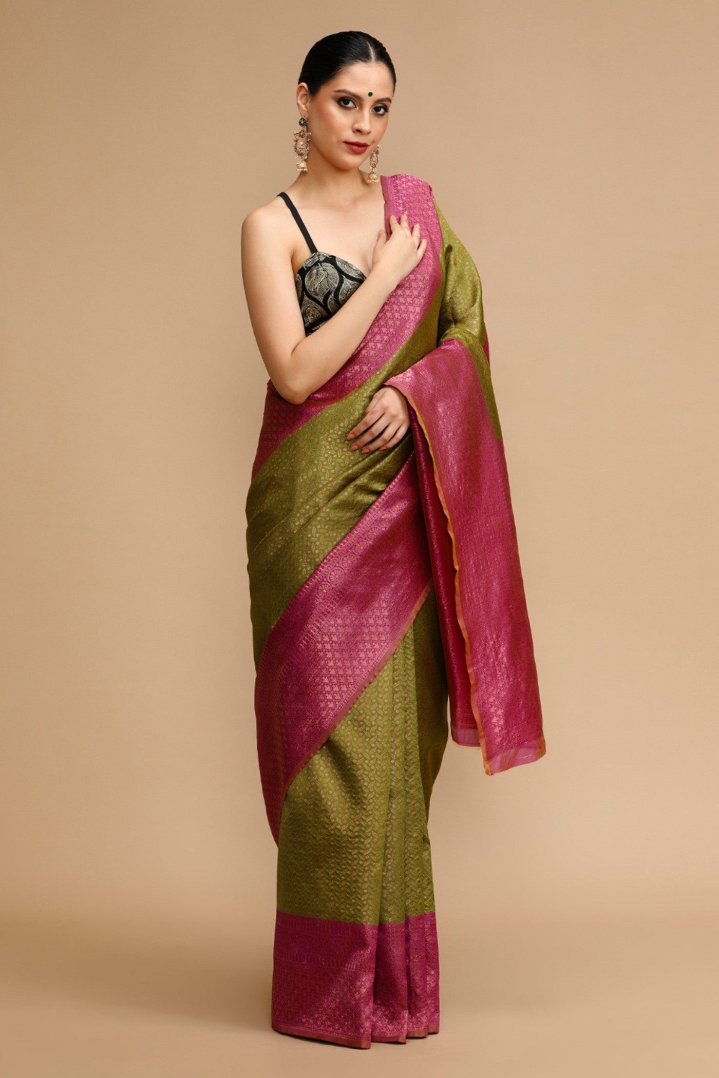 Buy MySilkLove Sheen Green and Pink Woven Jacquard Lichi Silk Saree Online