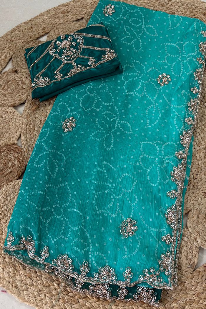 Buy MySilkLove Aqua Teal Georgette Chiffon Bead Work Saree Online