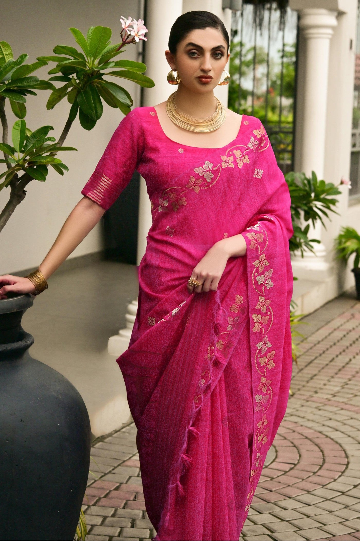 Buy MySilkLove Peony Pink Floral Linen Silk Saree Online