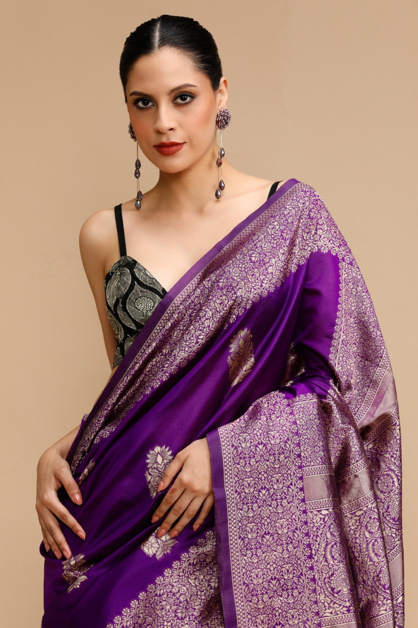 Buy MySilkLove Jasmine Purple Woven Jacquard Lichi Silk Saree Online