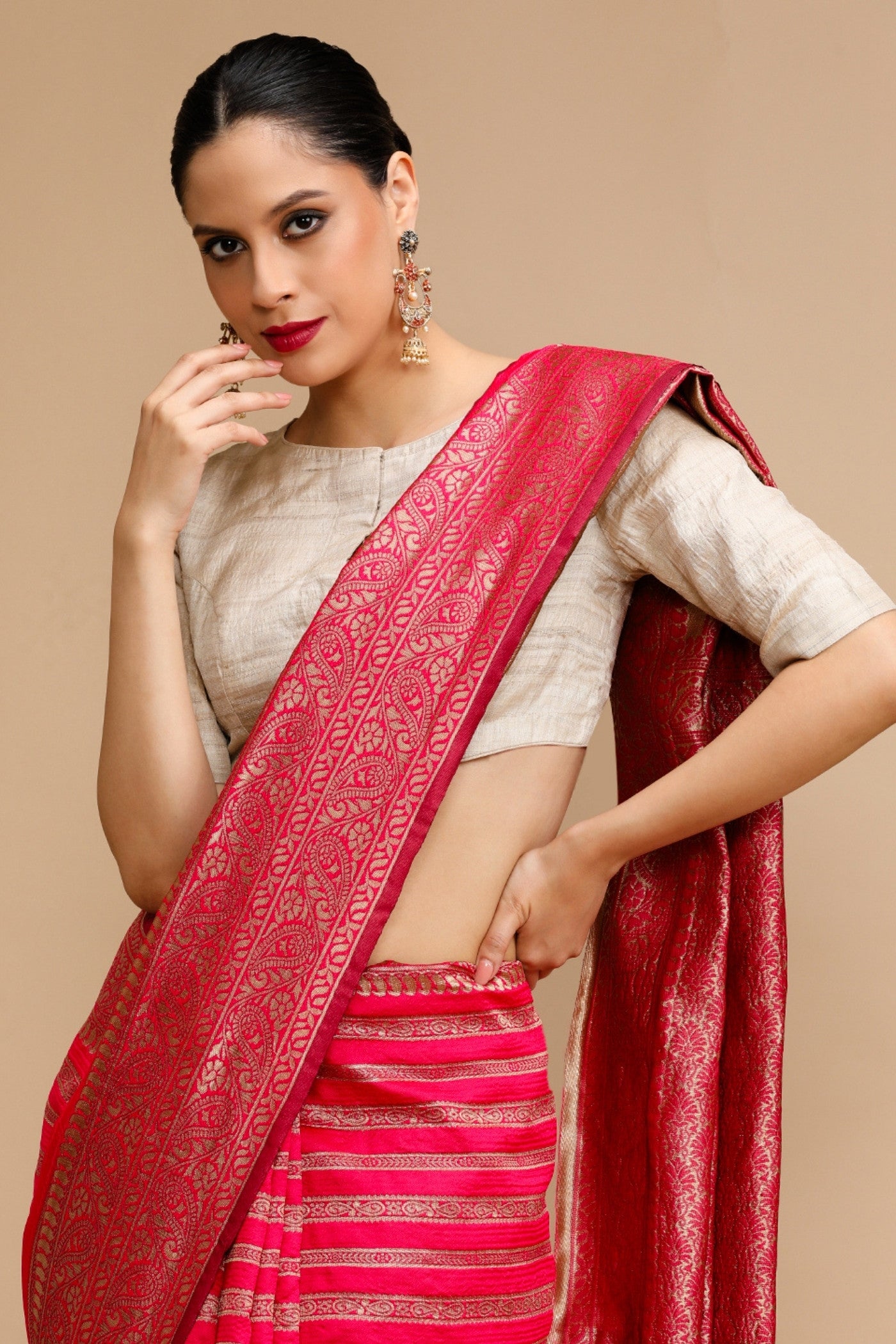 Buy MySilkLove Amaranth Pink Woven Jacquard Lichi Silk Saree Online