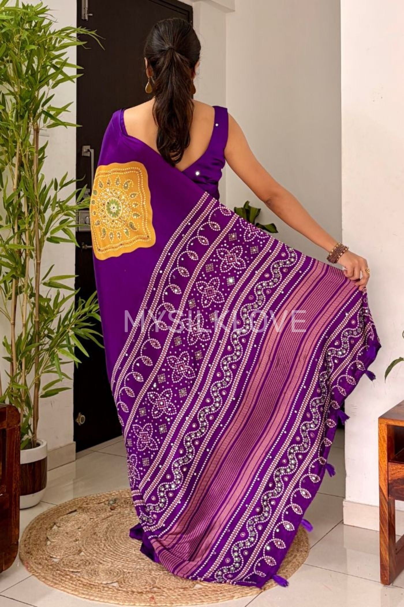 Buy MySilkLove Amethyst Purple Ajrakh Satin Printed Mirror Work Saree Online