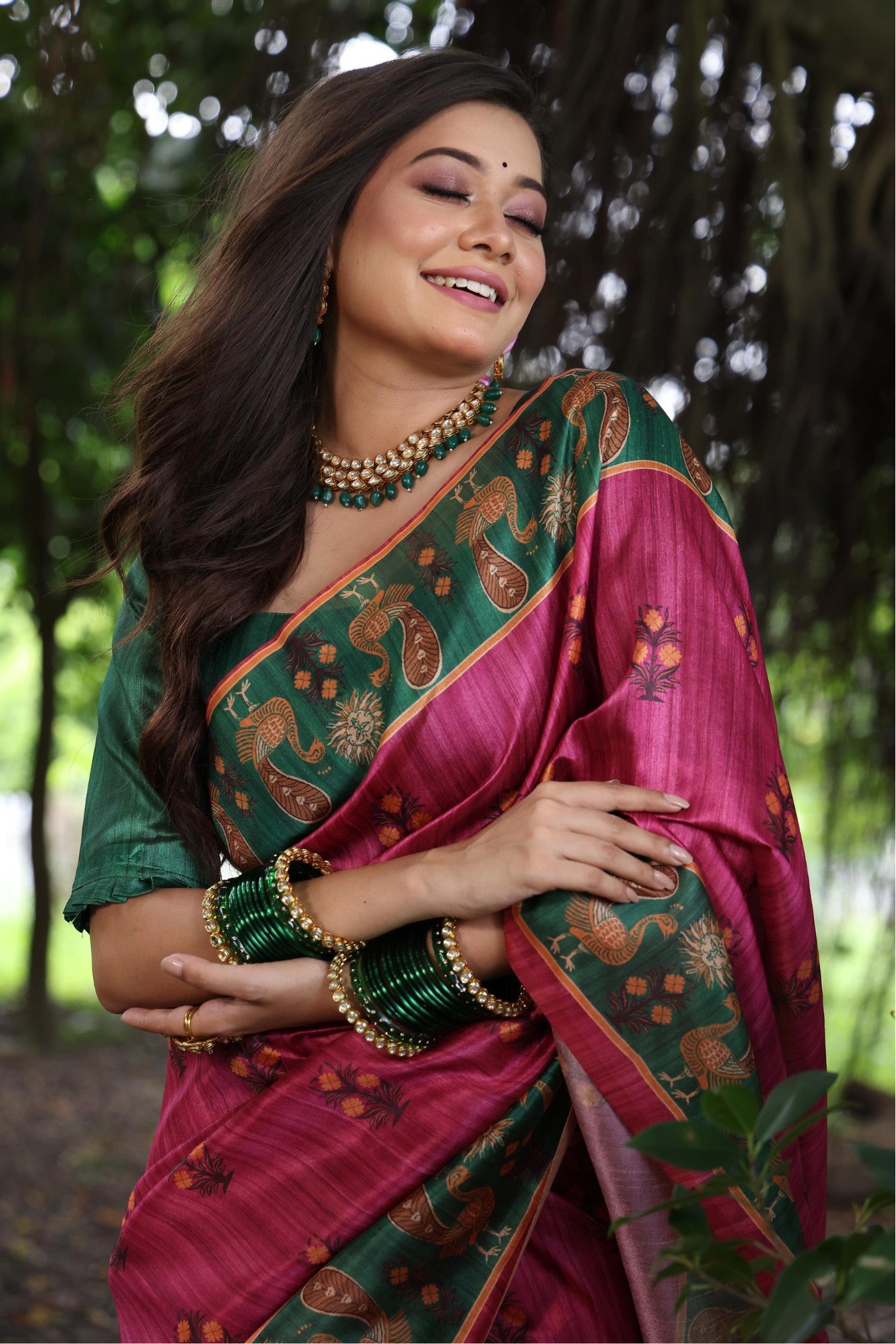 Buy MySilkLove Flamingo Pink Madhubani Tussar Printed Silk Saree Online