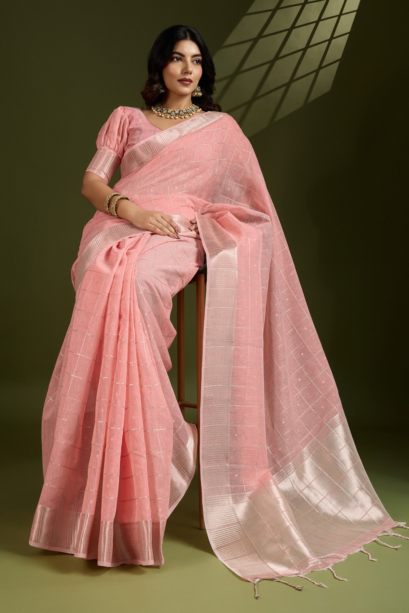 Buy MySilkLove Peach Bud Woven Tissue Linen Saree Online