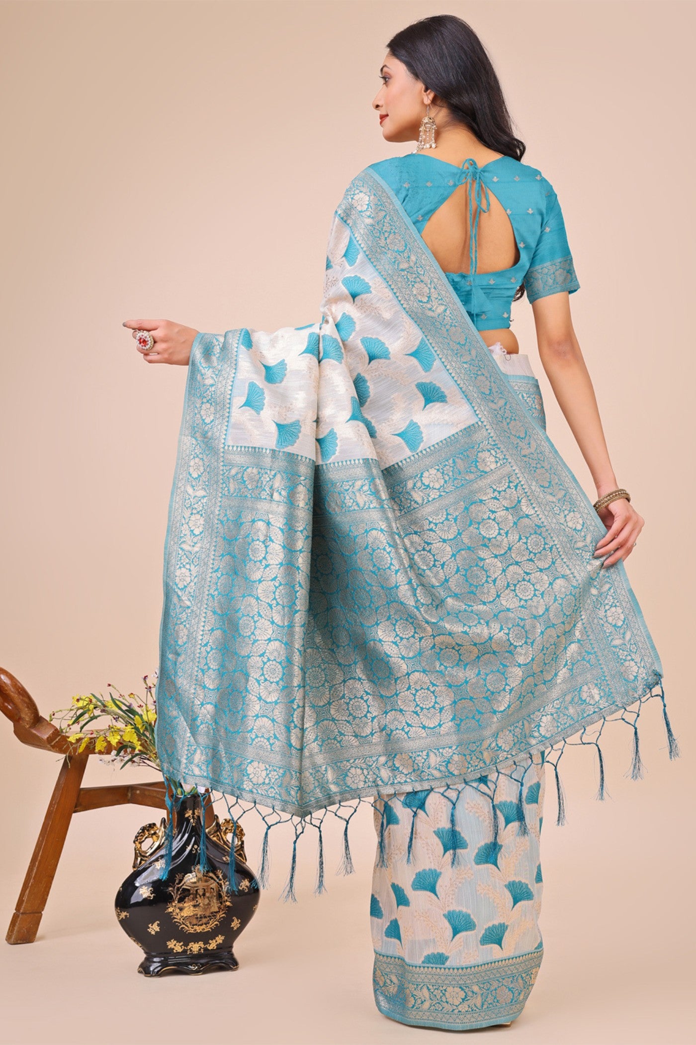 Buy MySilkLove Rice White and Blue Linen Cotton Saree Online