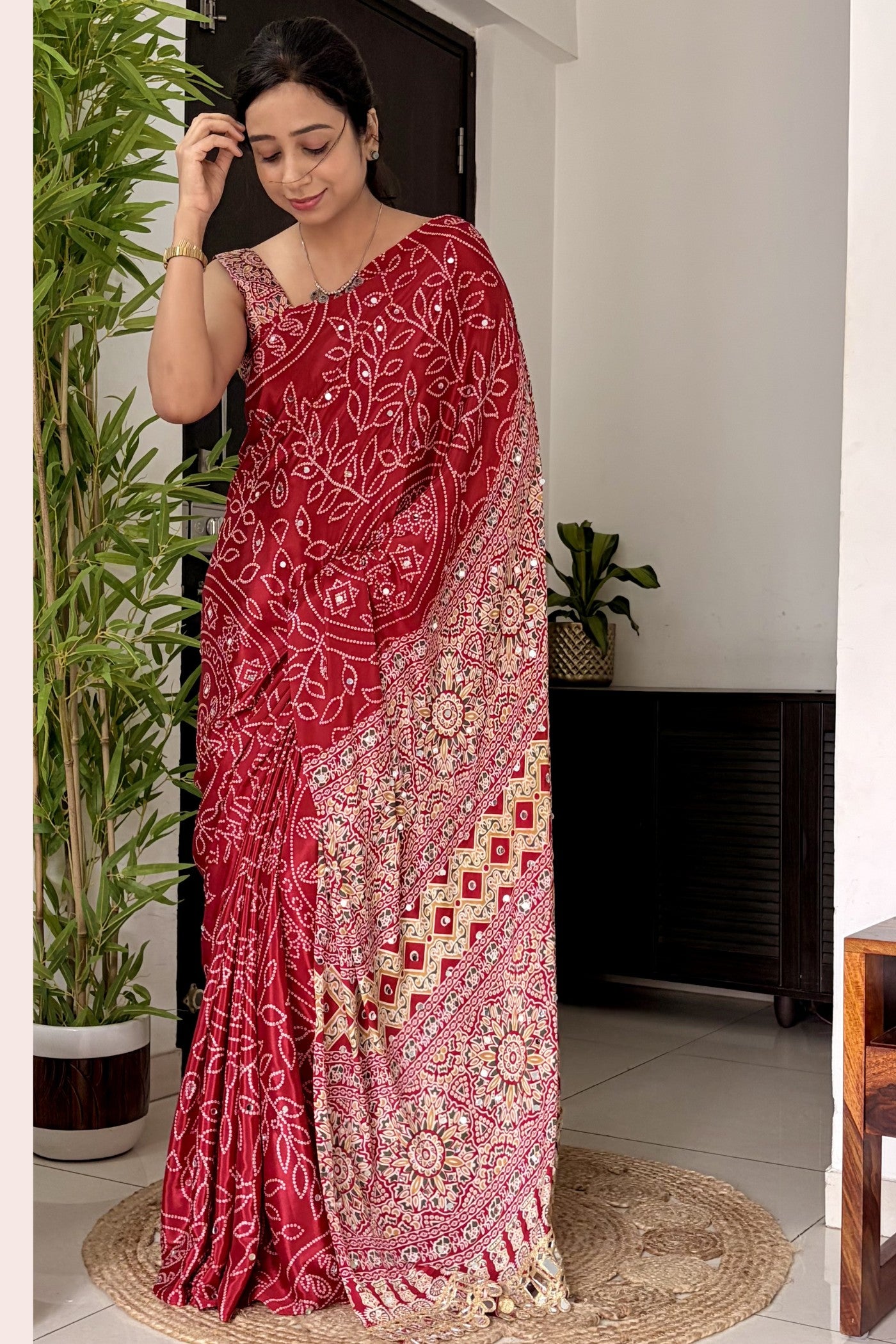 Buy MySilkLove Bittersweet Red Modal Ajrakh Satin Printed Mirror Work Saree Online