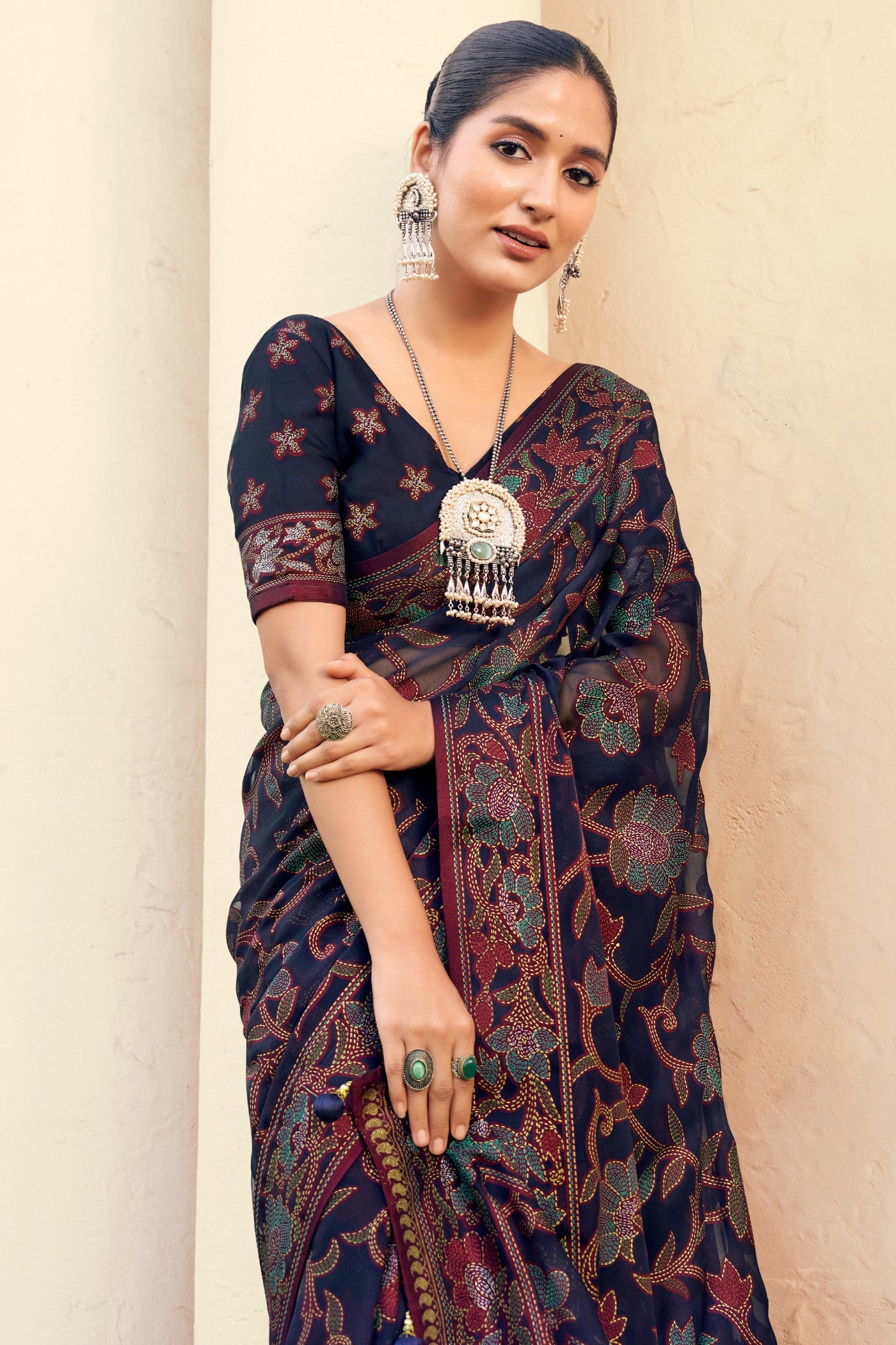 Buy MySilkLove Birch Dark Blue Banarasi Georgette Saree Online