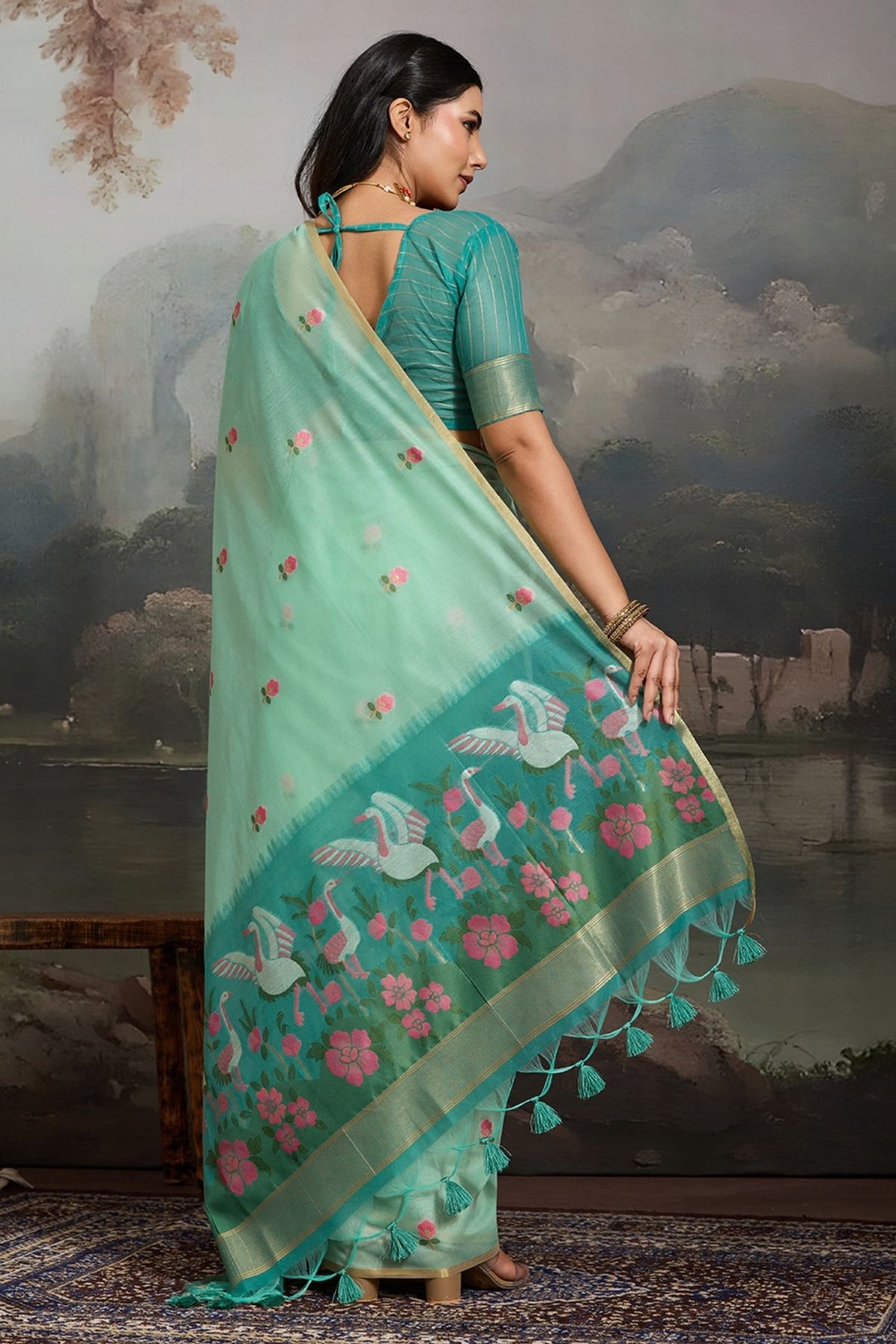 Buy MySilkLove Gardenia Green Cotton Handloom Swan Saree Online