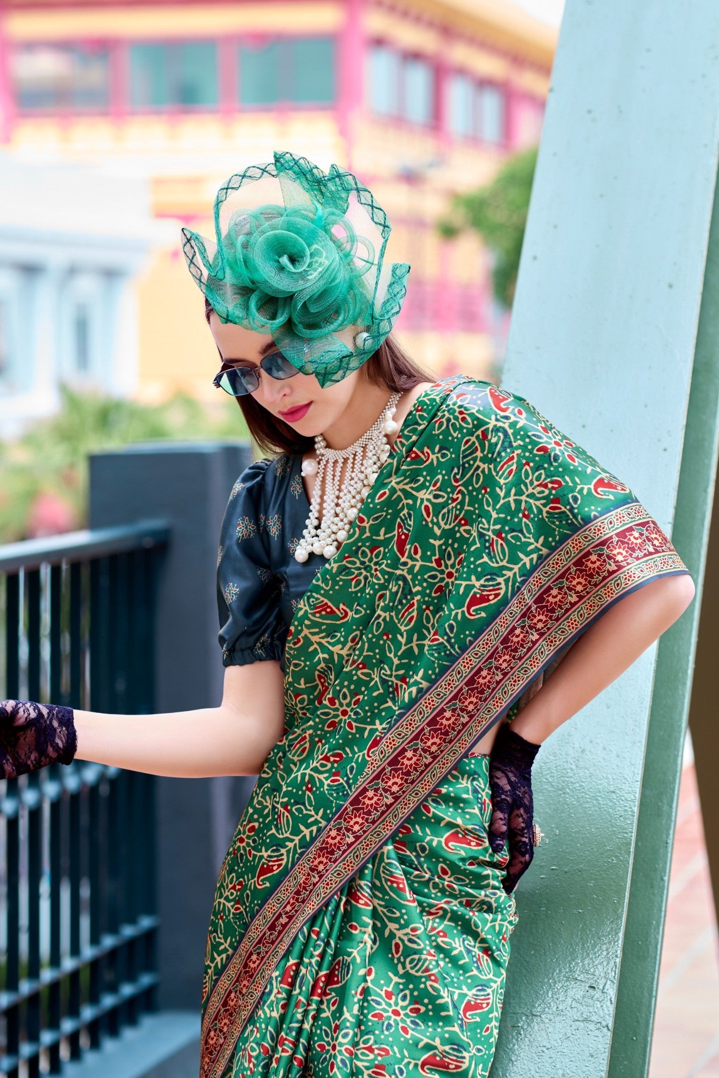 Buy MySilkLove Hunter Green Ajrakh Printed Satin Crepe Silk Saree Online