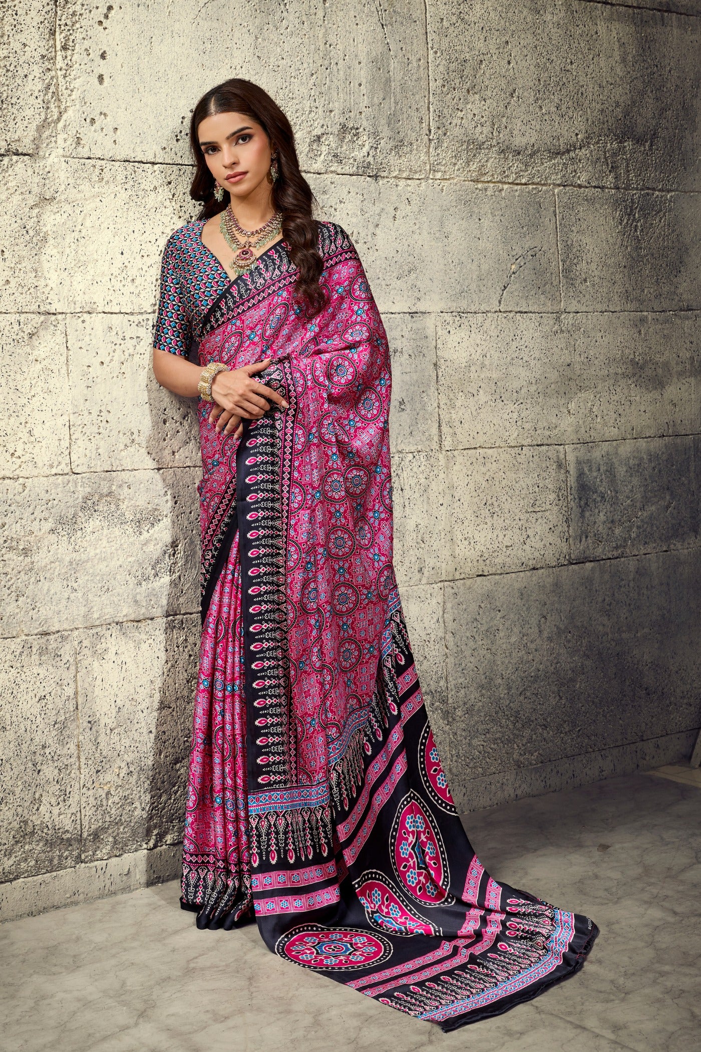 Buy MySilkLove Magenta Pink Modal Ajrakh Satin Printed Silk Saree Online