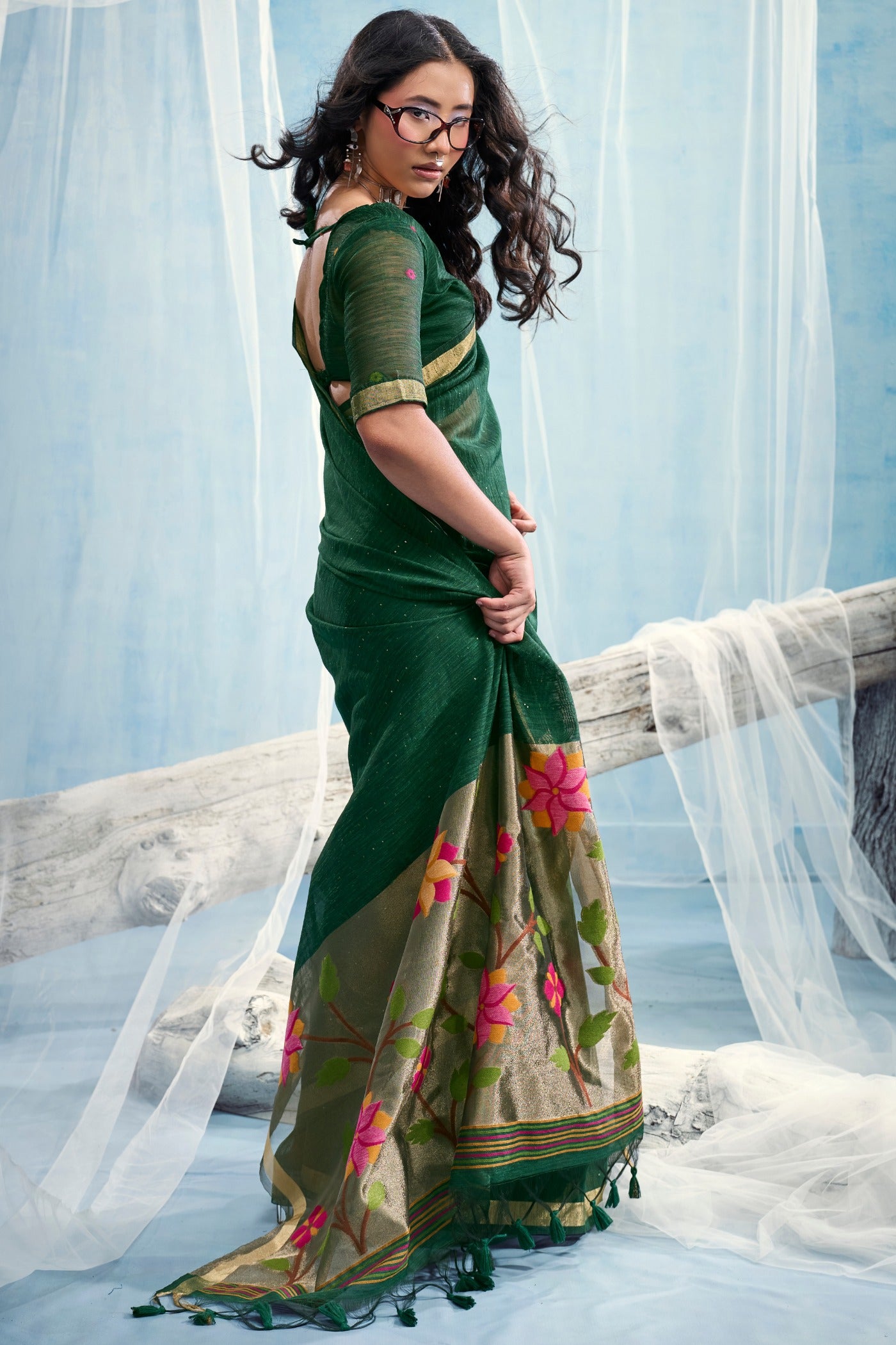 Buy MySilkLove Jungle Green Munga Handloom Tissue Pallu Saree Online
