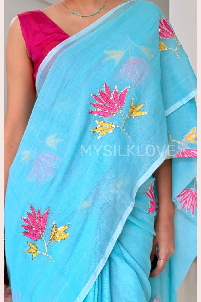 Buy MySilkLove Ocean Blue Pure Mul Mul Cotton Lotus Sequin Work Saree Online