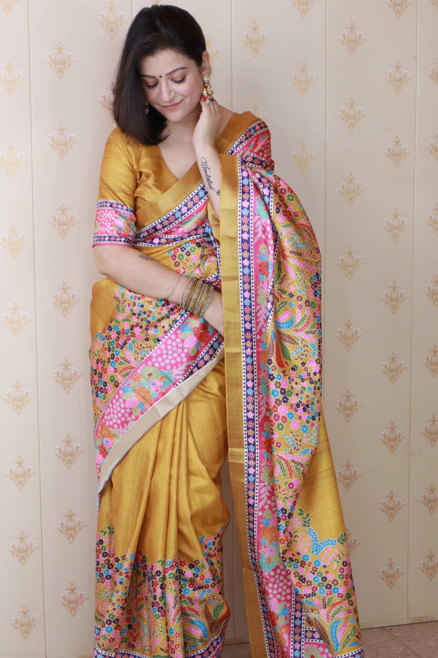 Buy MySilkLove Cyber Yellow Banarasi Printed Saree Online