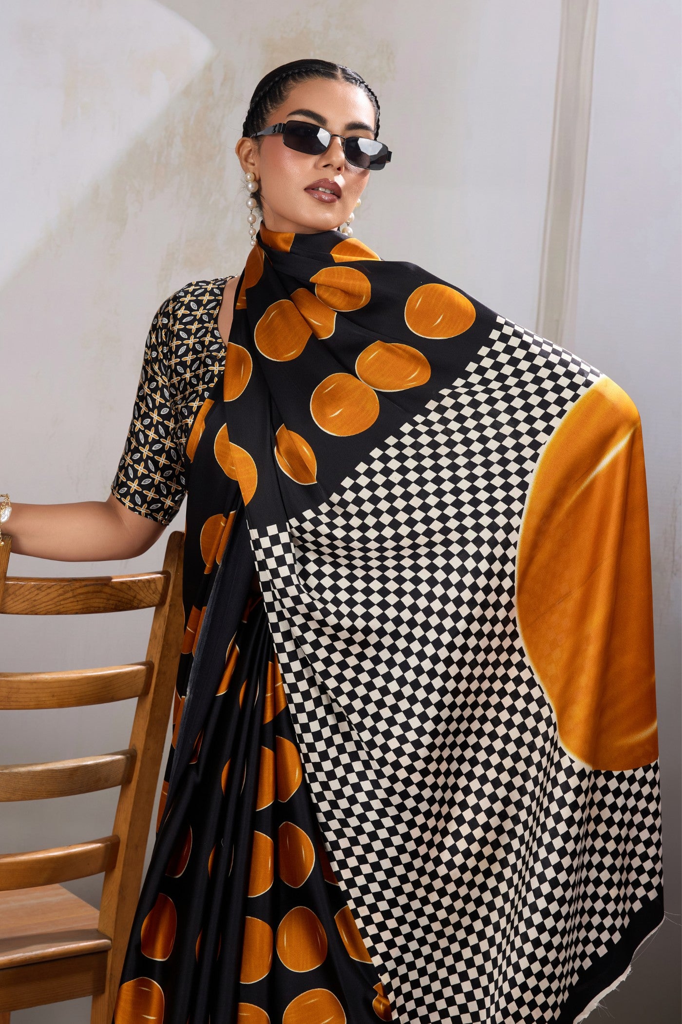 Buy MySilkLove Apricot Orange and Black Printed Polka Dots Satin Crepe Saree Online