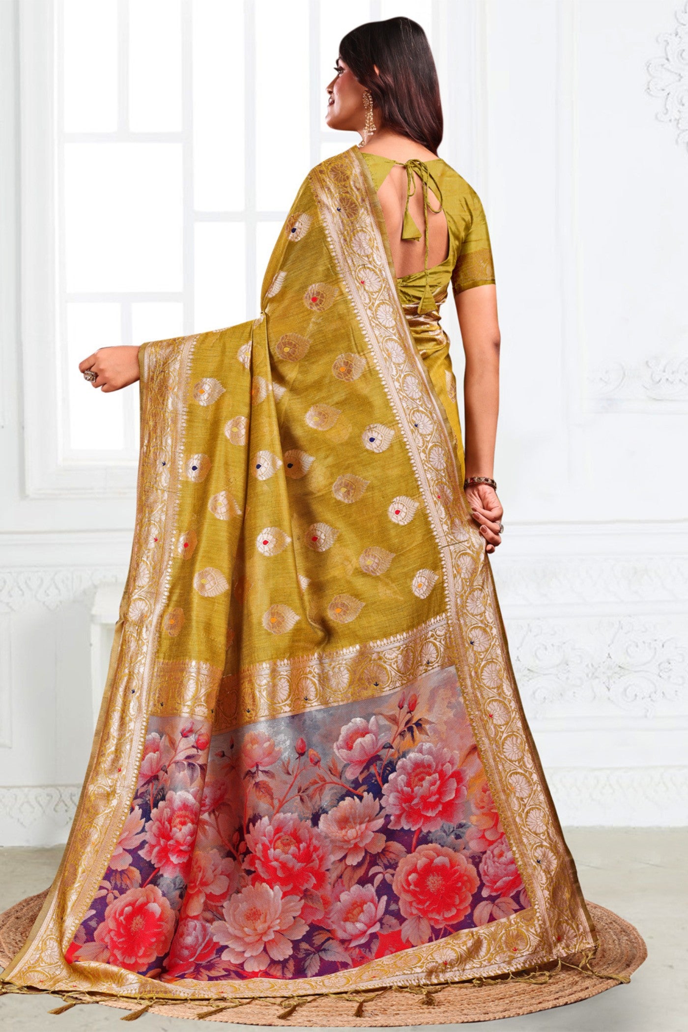 Buy MySilkLove Mhendi Green Woven Linen Cotton Saree Online